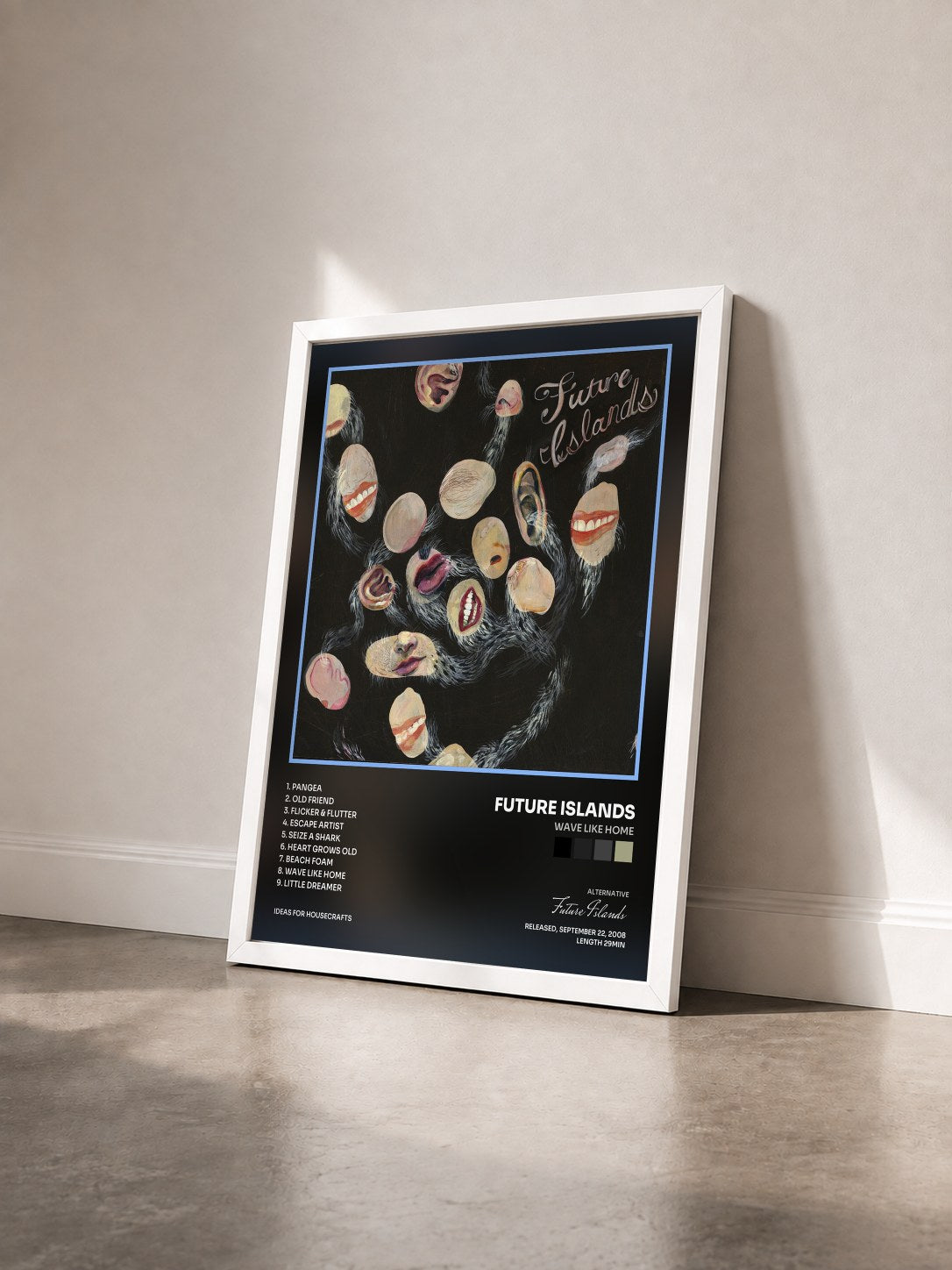 #blanc Tableau de l'album Wave Like Home de Future Islands vu de trois quarts, cadre blanc