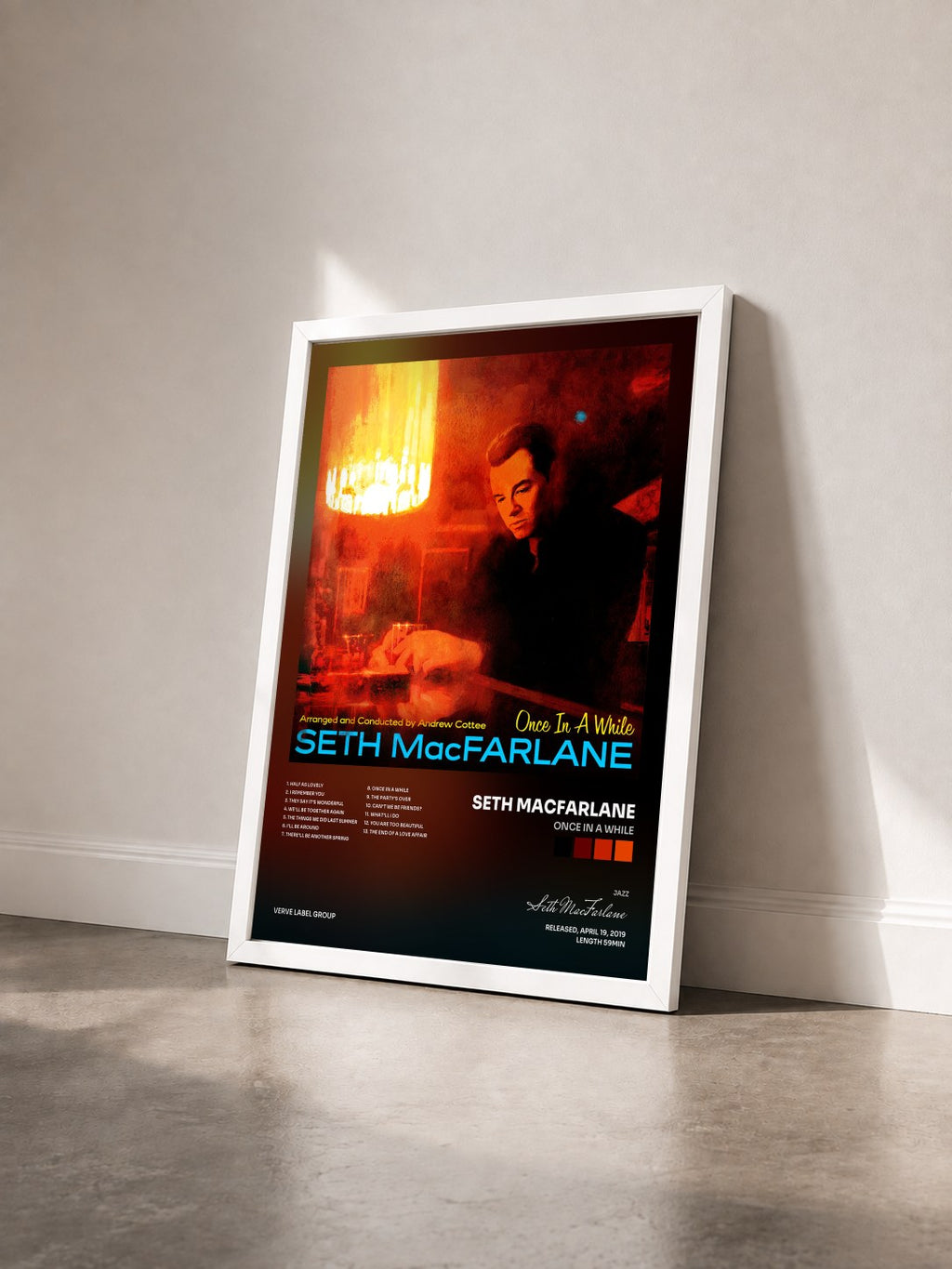 #blanc Tableau de l'album Once In A While de Seth MacFarlane vu de trois quarts, cadre blanc