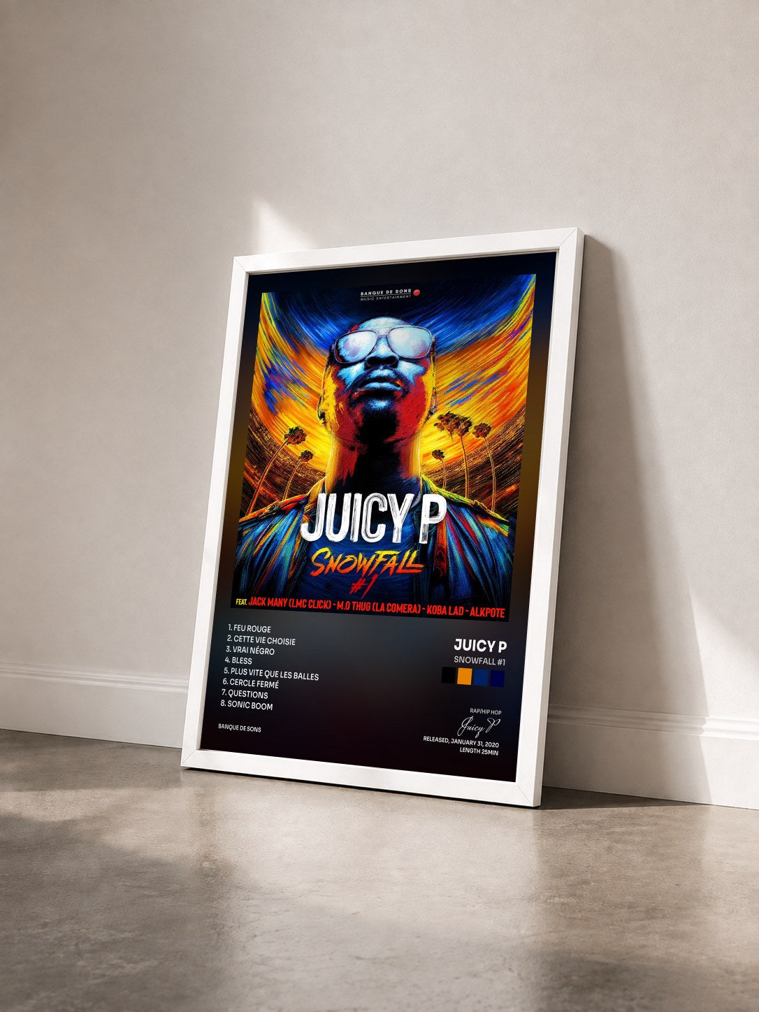 #blanc Tableau de l'album Snowfall #1 de Juicy P vu de trois quarts, cadre blanc