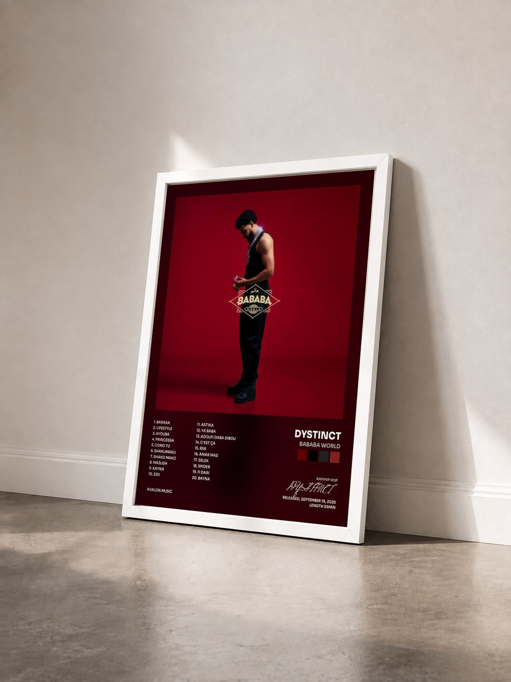 #blanc Tableau de l'album BABABA WORLD de DYSTINCT vu de trois quarts, cadre blanc