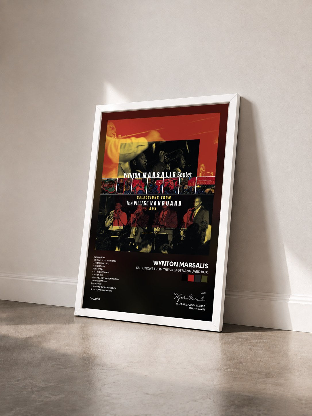 #blanc Tableau de l'album Selections From The Village Vanguard Box de Wynton Marsalis vu de trois quarts, cadre blanc