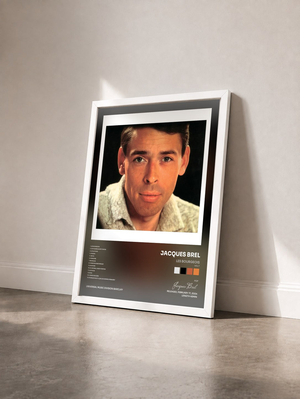 #blanc Tableau de l'album Les Bourgeois (Vol.7) de Jacques Brel vu de trois quarts, cadre blanc