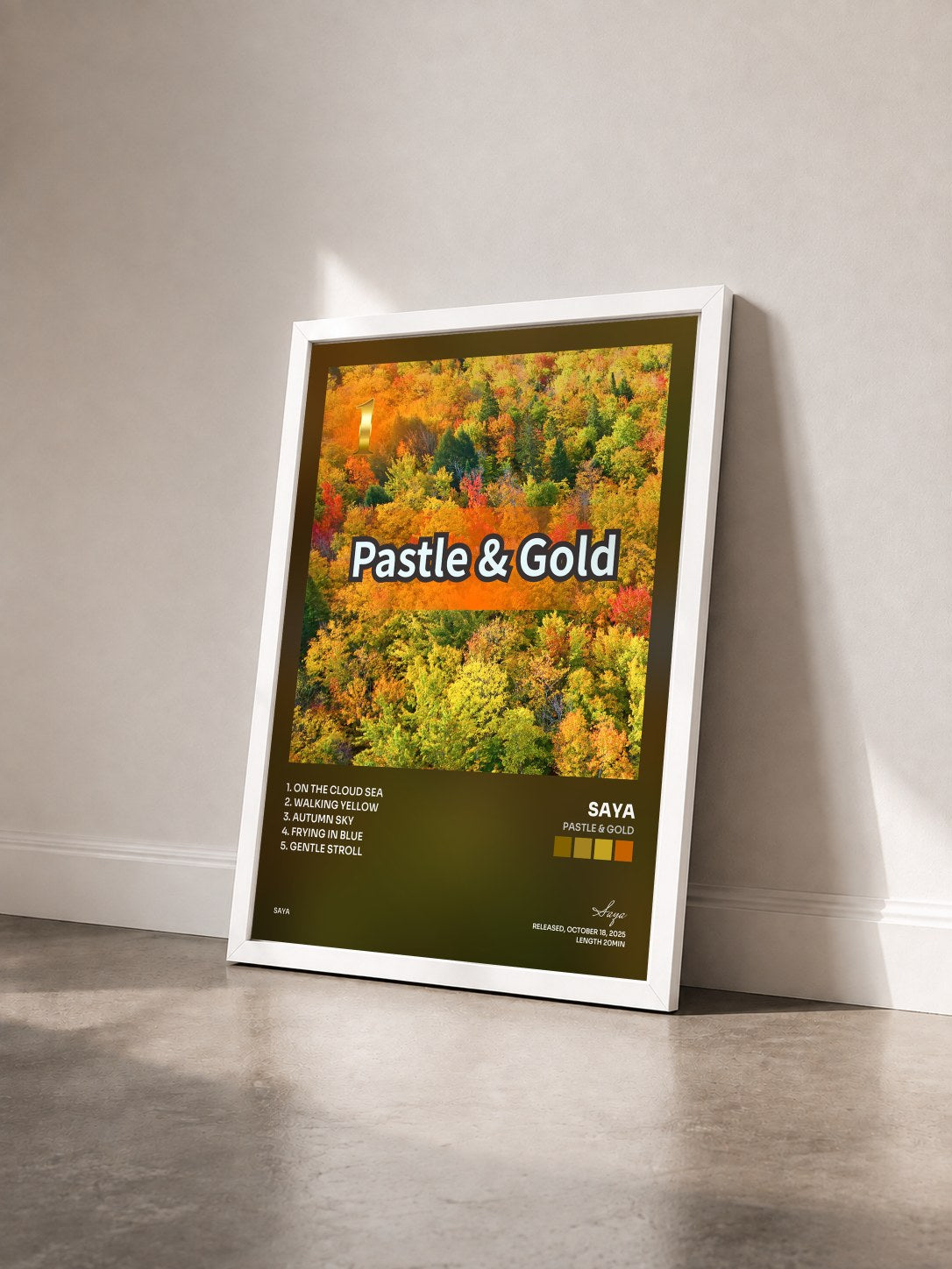 #blanc Tableau de l'album Pastle & Gold de Saya vu de trois quarts, cadre blanc
