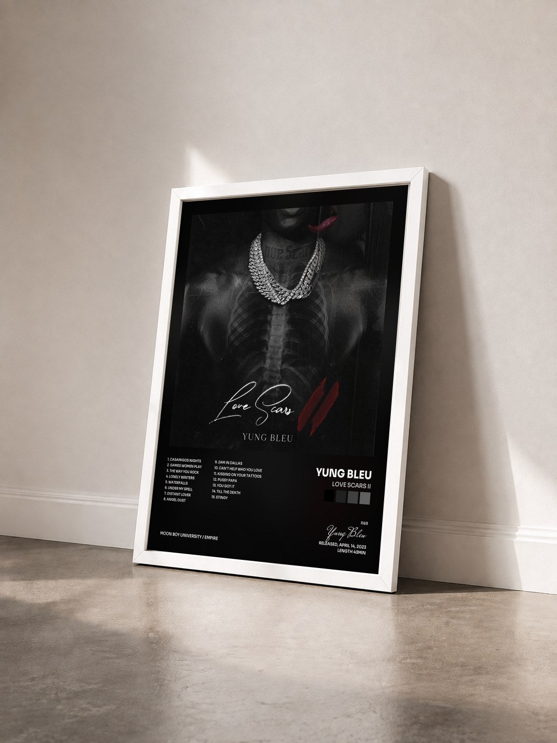 #blanc Tableau de l'album Love Scars II de Yung Bleu vu de trois quarts, cadre blanc