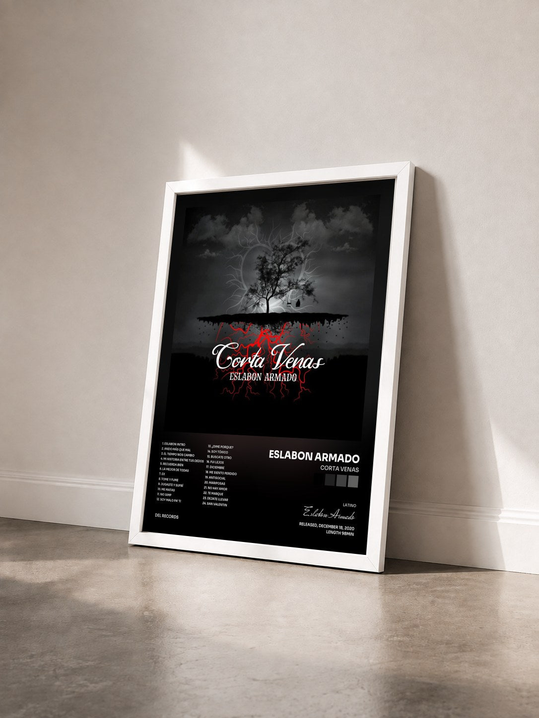 #blanc Tableau de l'album Corta Venas de Eslabon Armado vu de trois quarts, cadre blanc