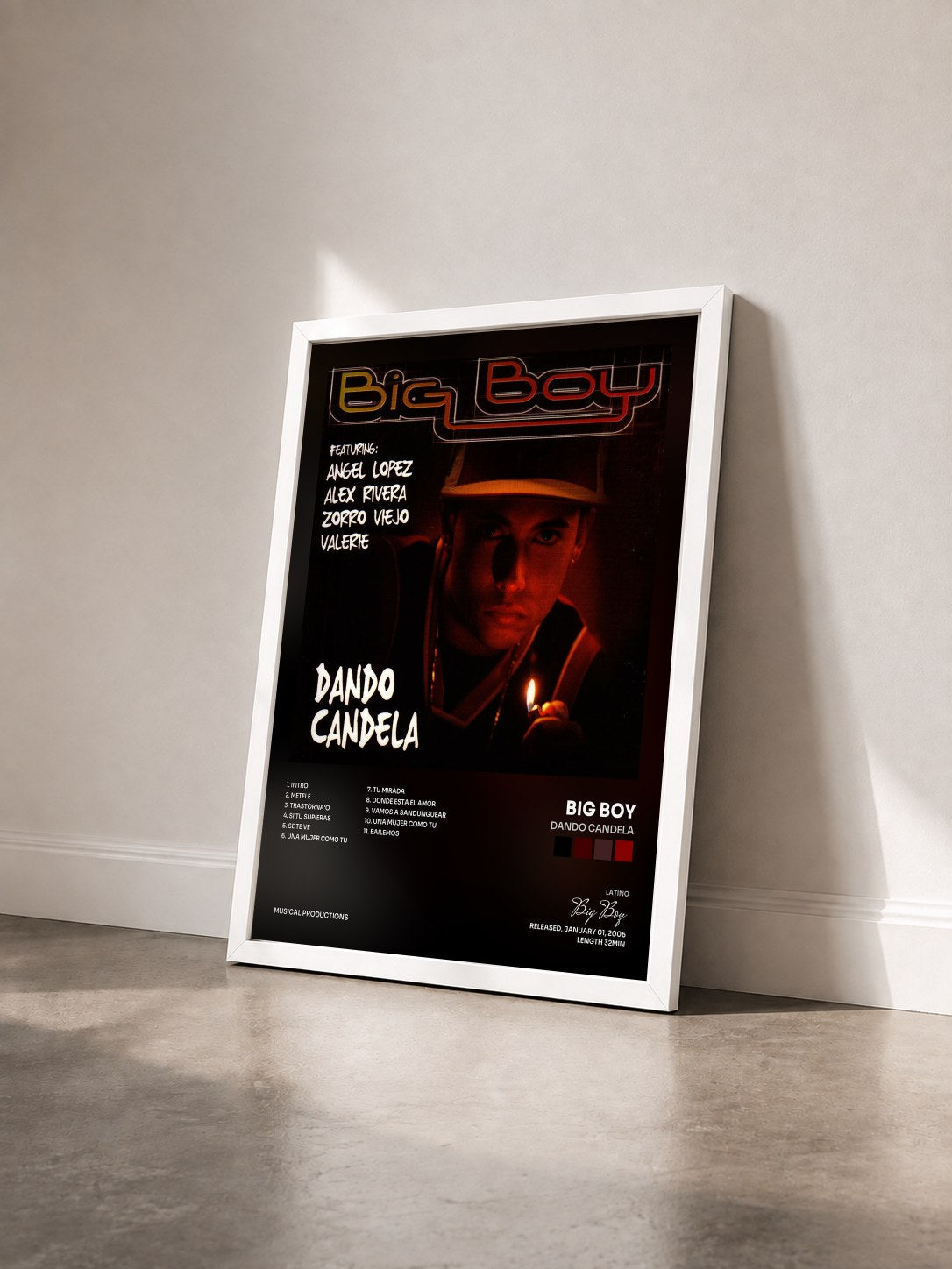 #blanc Tableau de l'album Dando Candela de Big Boy vu de trois quarts, cadre blanc