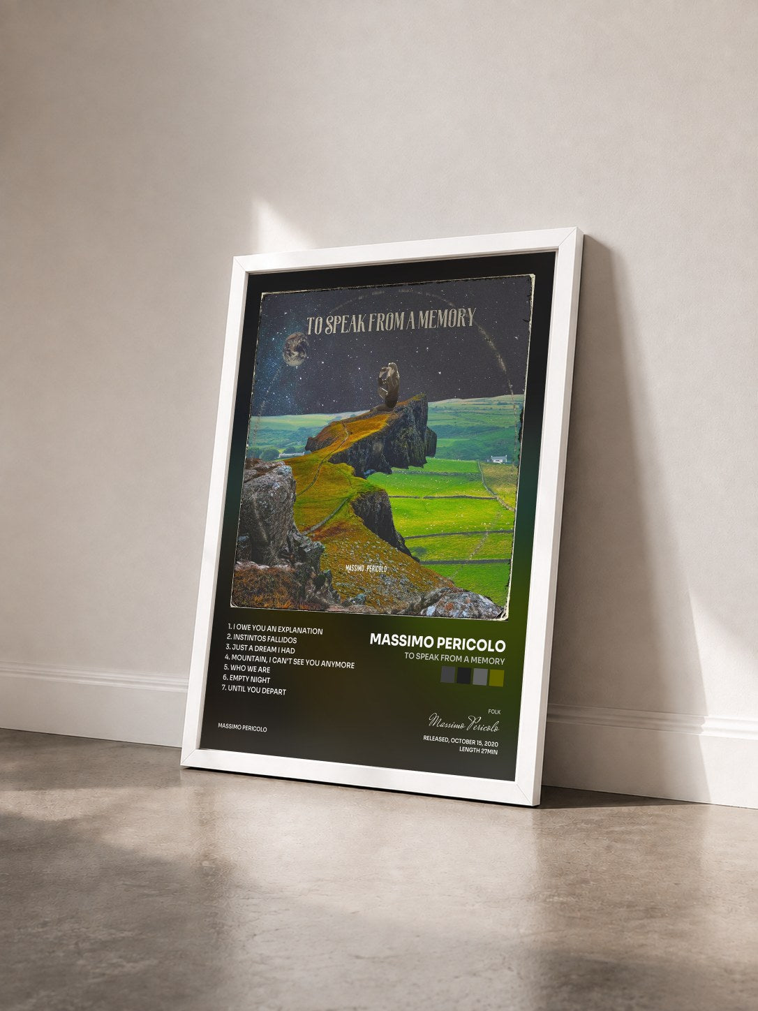 #blanc Tableau de l'album To Speak from a Memory de Massimo Pericolo vu de trois quarts, cadre blanc