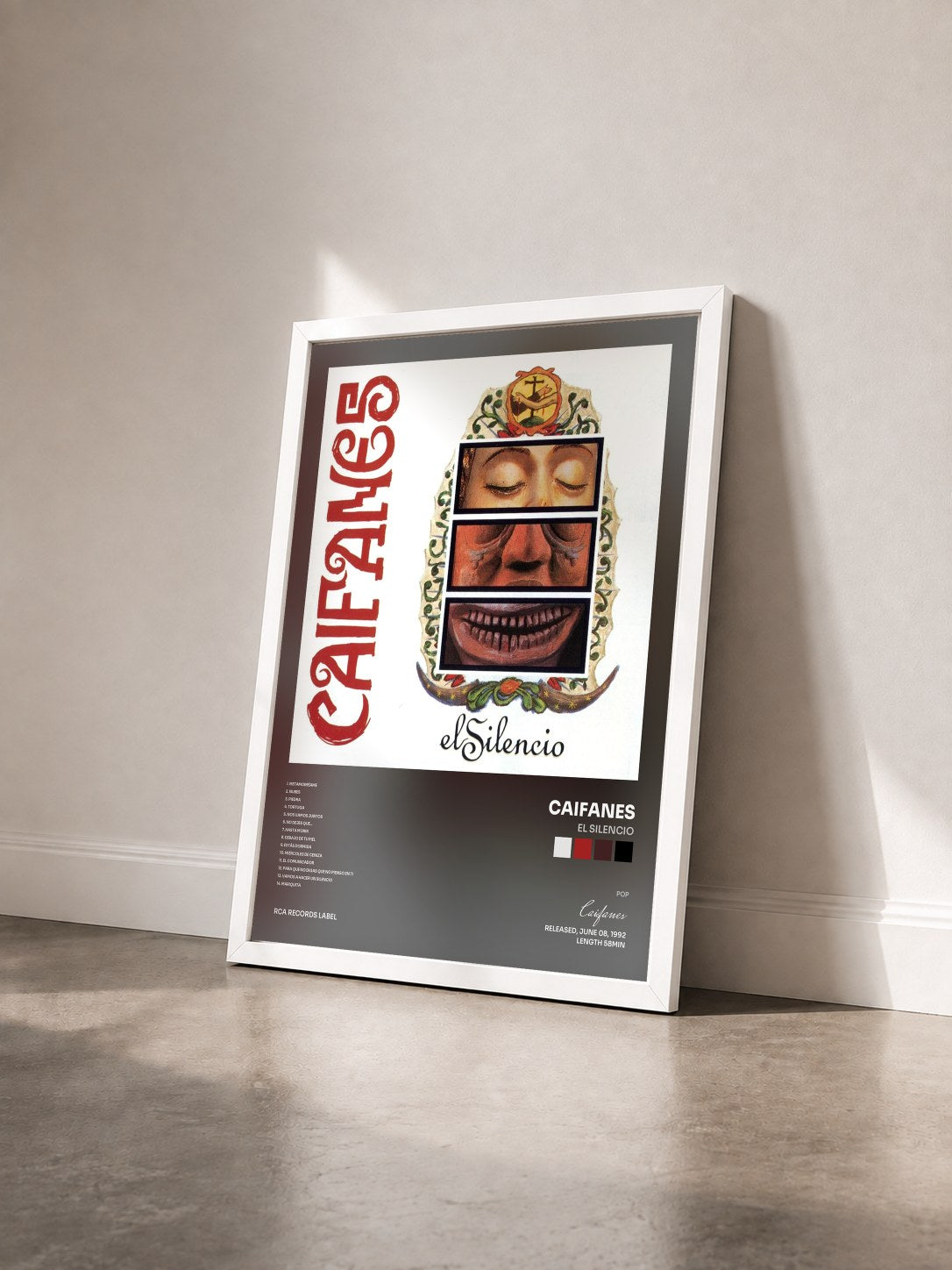 #blanc Tableau de l'album El Silencio de Caifanes vu de trois quarts, cadre blanc