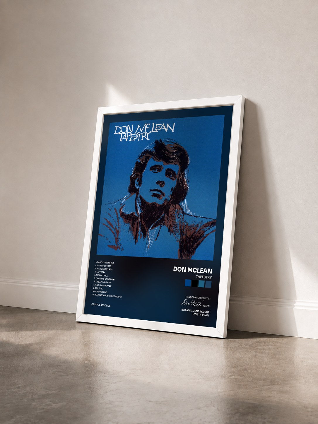 #blanc Tableau de l'album Tapestry de Don McLean vu de trois quarts, cadre blanc