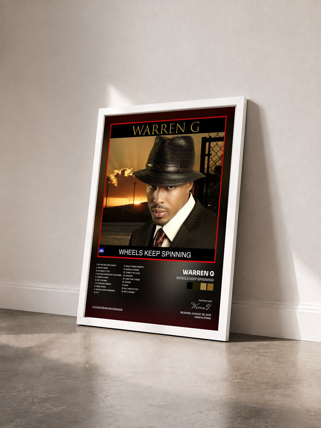 #blanc Tableau de l'album Wheels Keep Spinning de Warren G vu de trois quarts, cadre blanc