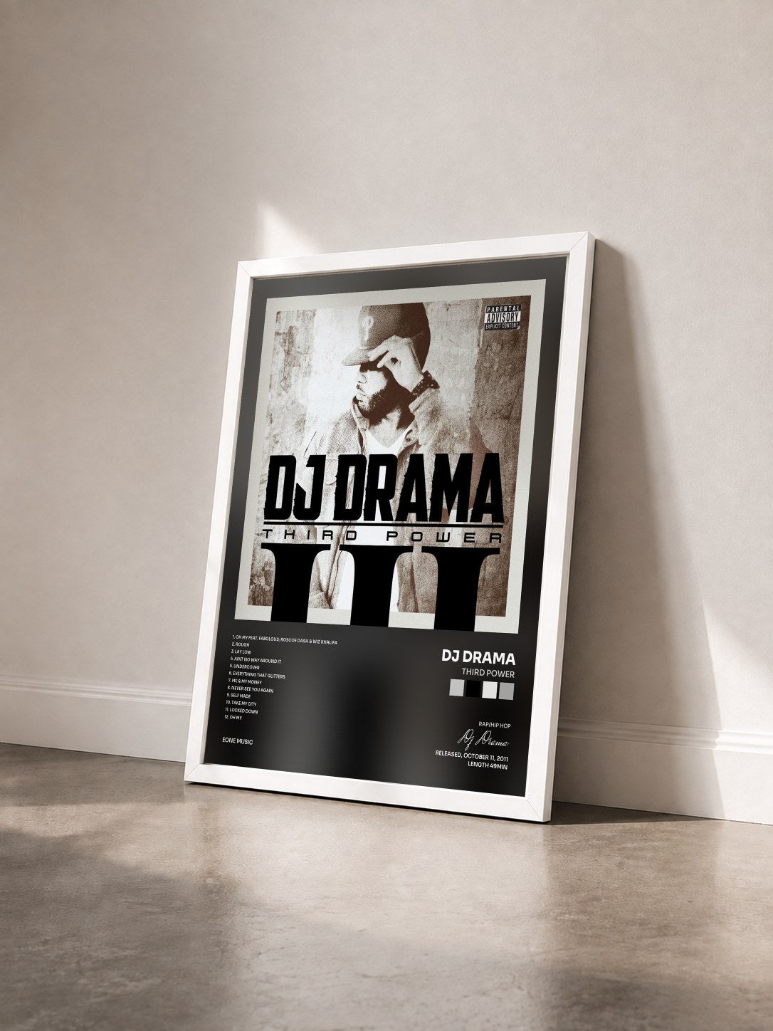 #blanc Tableau de l'album Third Power de Dj Drama vu de trois quarts, cadre blanc