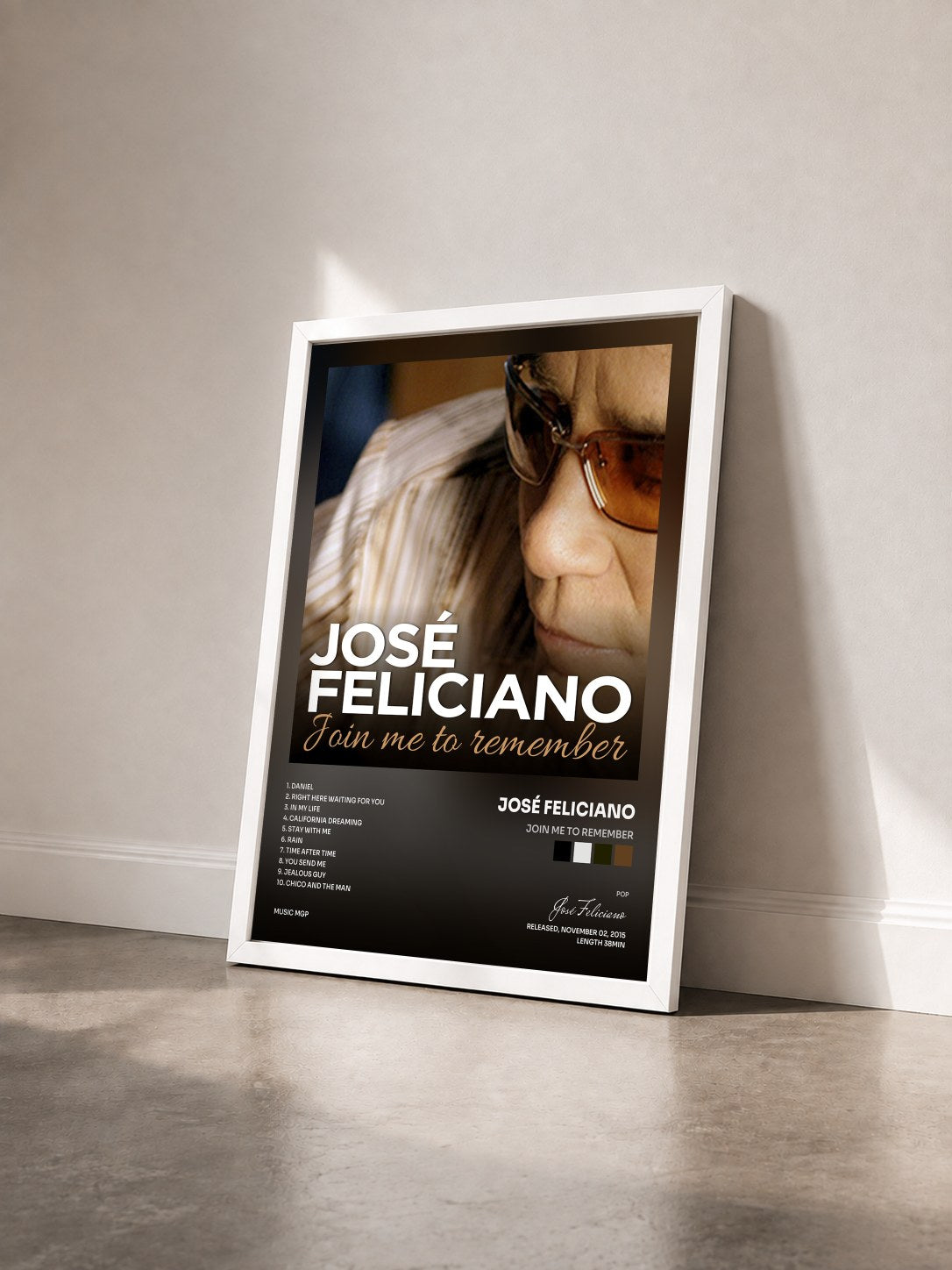 #blanc Tableau de l'album Join Me to Remember de José Feliciano vu de trois quarts, cadre blanc