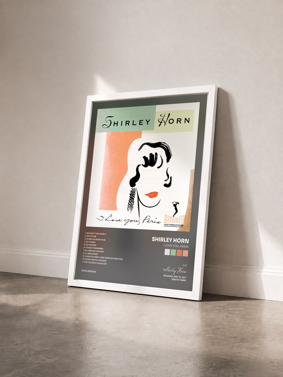 #blanc Tableau de l'album I Love You, Paris de Shirley Horn vu de trois quarts, cadre blanc