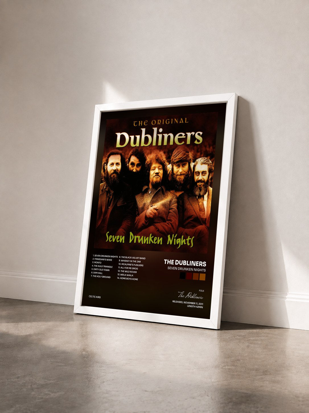 #blanc Tableau de l'album Seven Drunken Nights de The Dubliners vu de trois quarts, cadre blanc