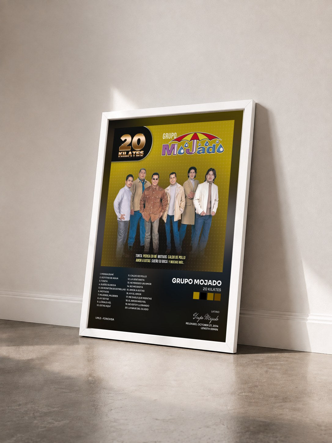 #blanc Tableau de l'album 20 Kilates de Grupo Mojado vu de trois quarts, cadre blanc
