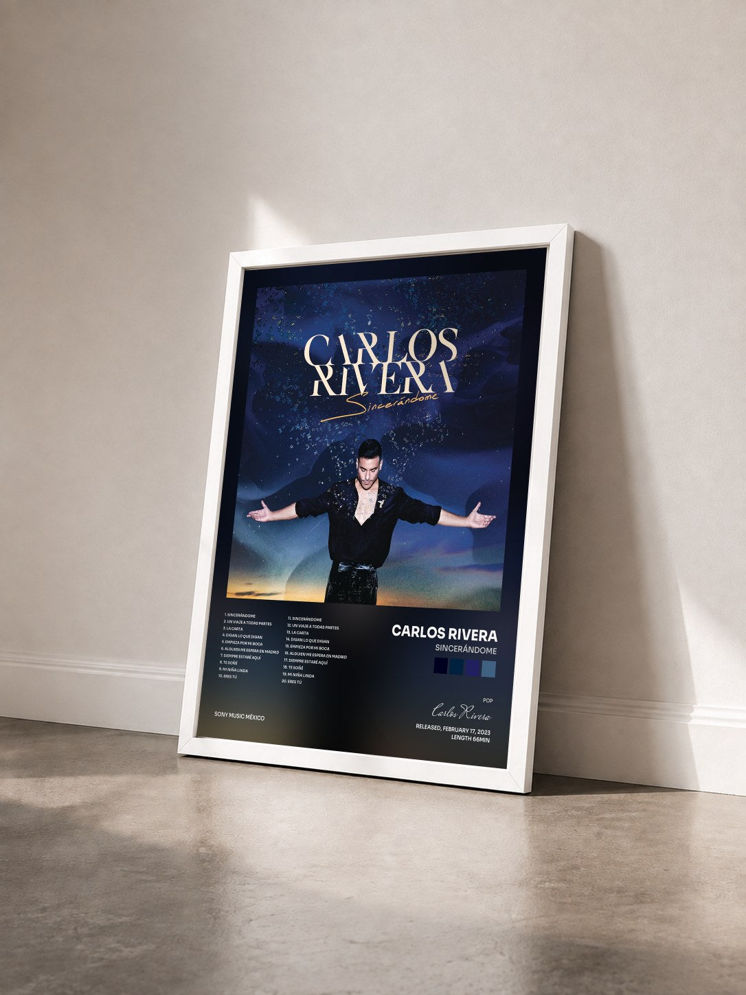 #blanc Tableau de l'album Sincerándome de Carlos Rivera vu de trois quarts, cadre blanc