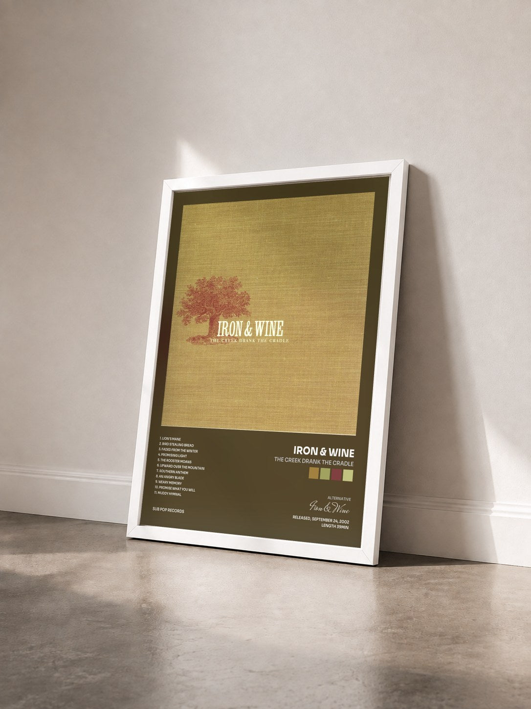 #blanc Tableau de l'album The Creek Drank the Cradle de Iron & Wine vu de trois quarts, cadre blanc