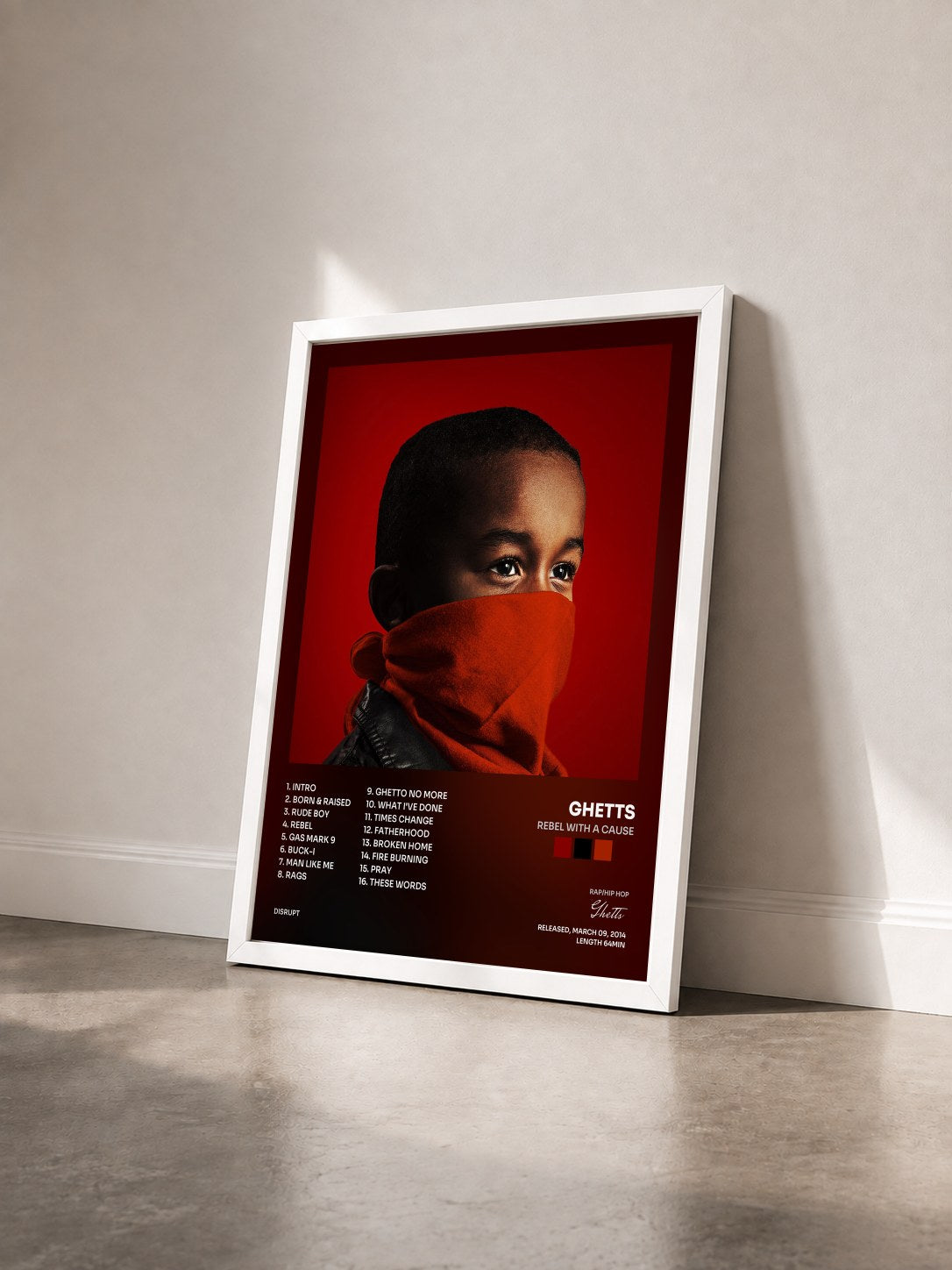 #blanc Tableau de l'album Rebel with a Cause de Ghetts vu de trois quarts, cadre blanc