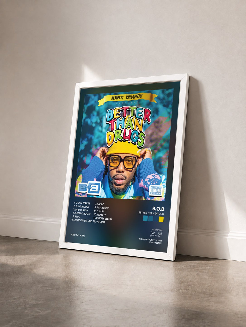 #blanc Tableau de l'album Better Than Drugs de B.o.B vu de trois quarts, cadre blanc