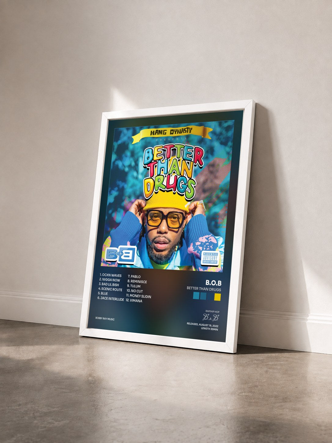 #blanc Tableau de l'album Better Than Drugs de B.o.B vu de trois quarts, cadre blanc