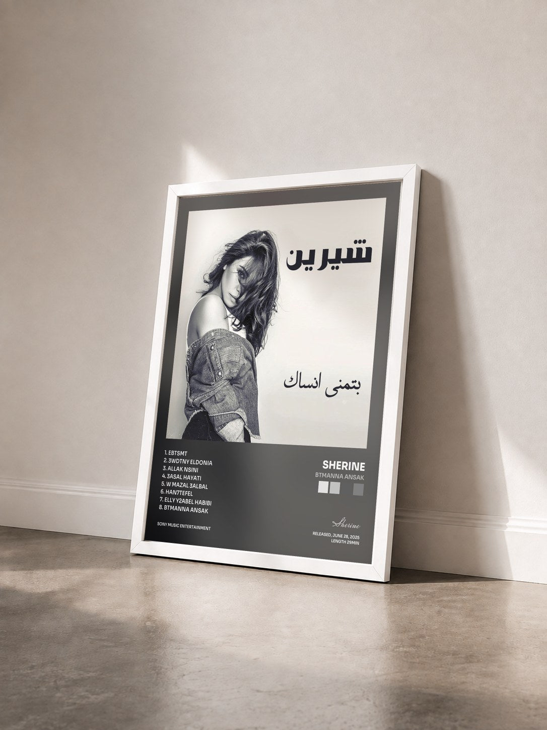 #blanc Tableau de l'album Btmanna Ansak de Sherine vu de trois quarts, cadre blanc