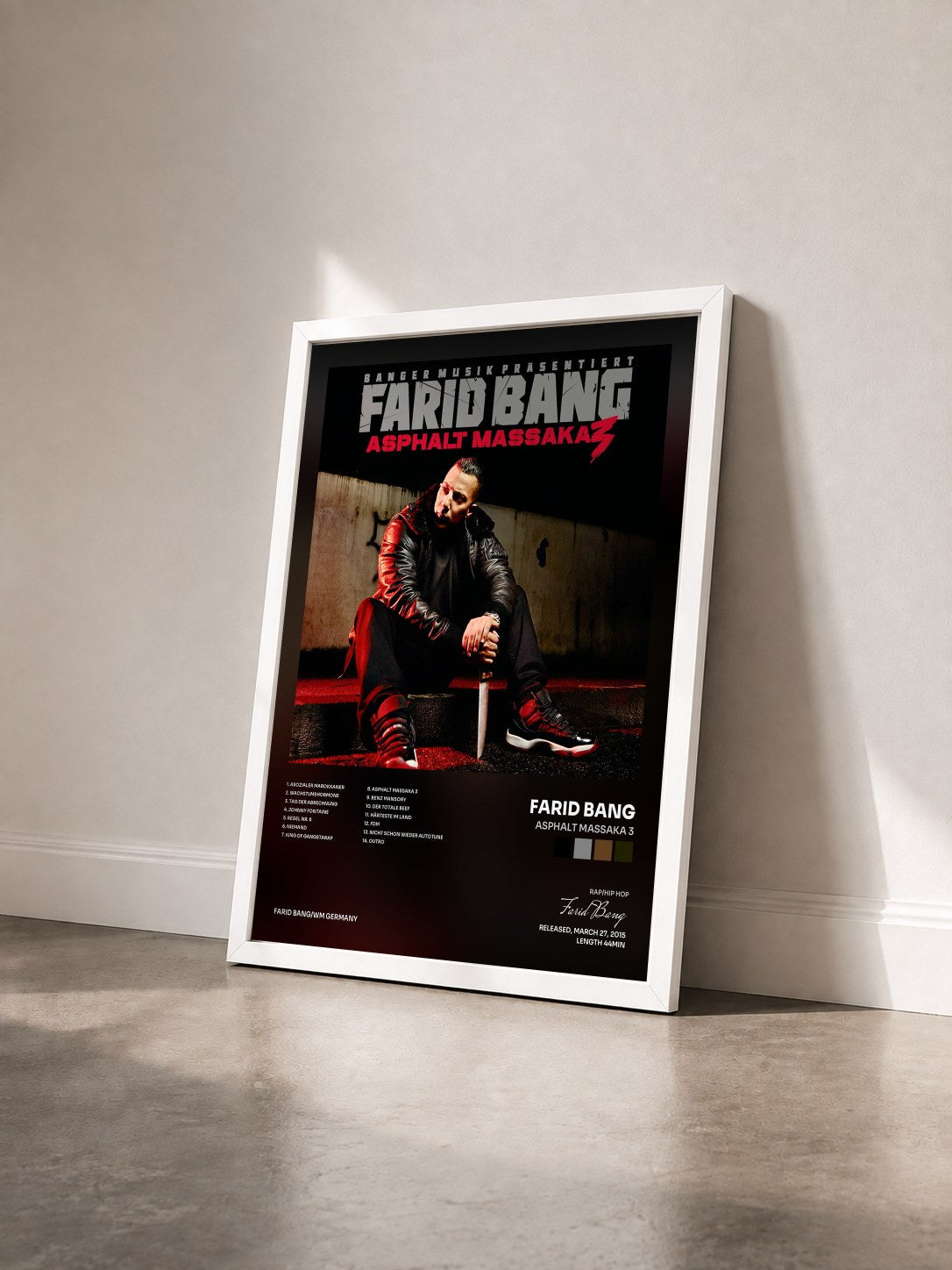 #blanc Tableau de l'album Asphalt Massaka 3 de Farid Bang vu de trois quarts, cadre blanc
