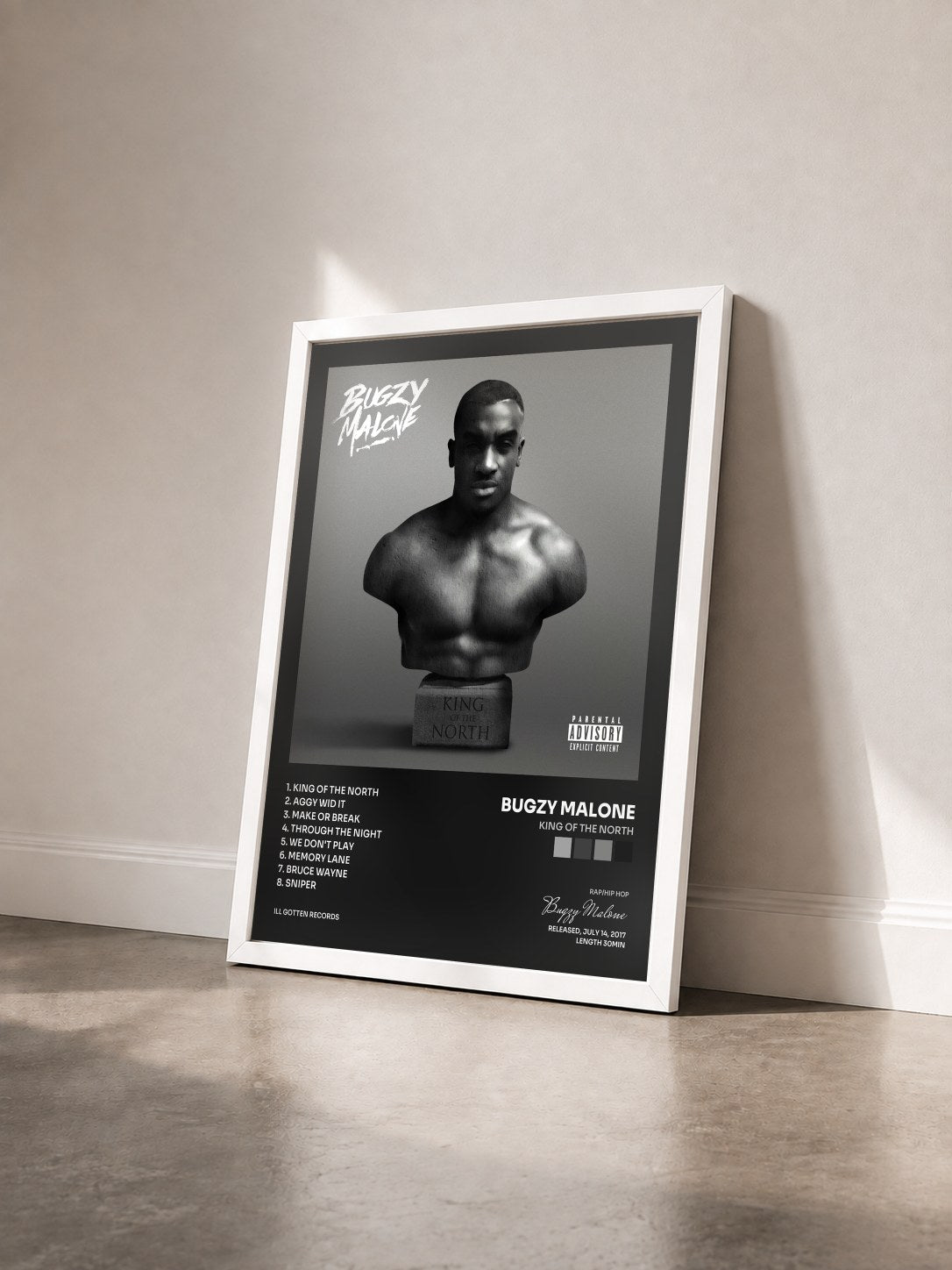 #blanc Tableau de l'album King Of The North de Bugzy Malone vu de trois quarts, cadre blanc