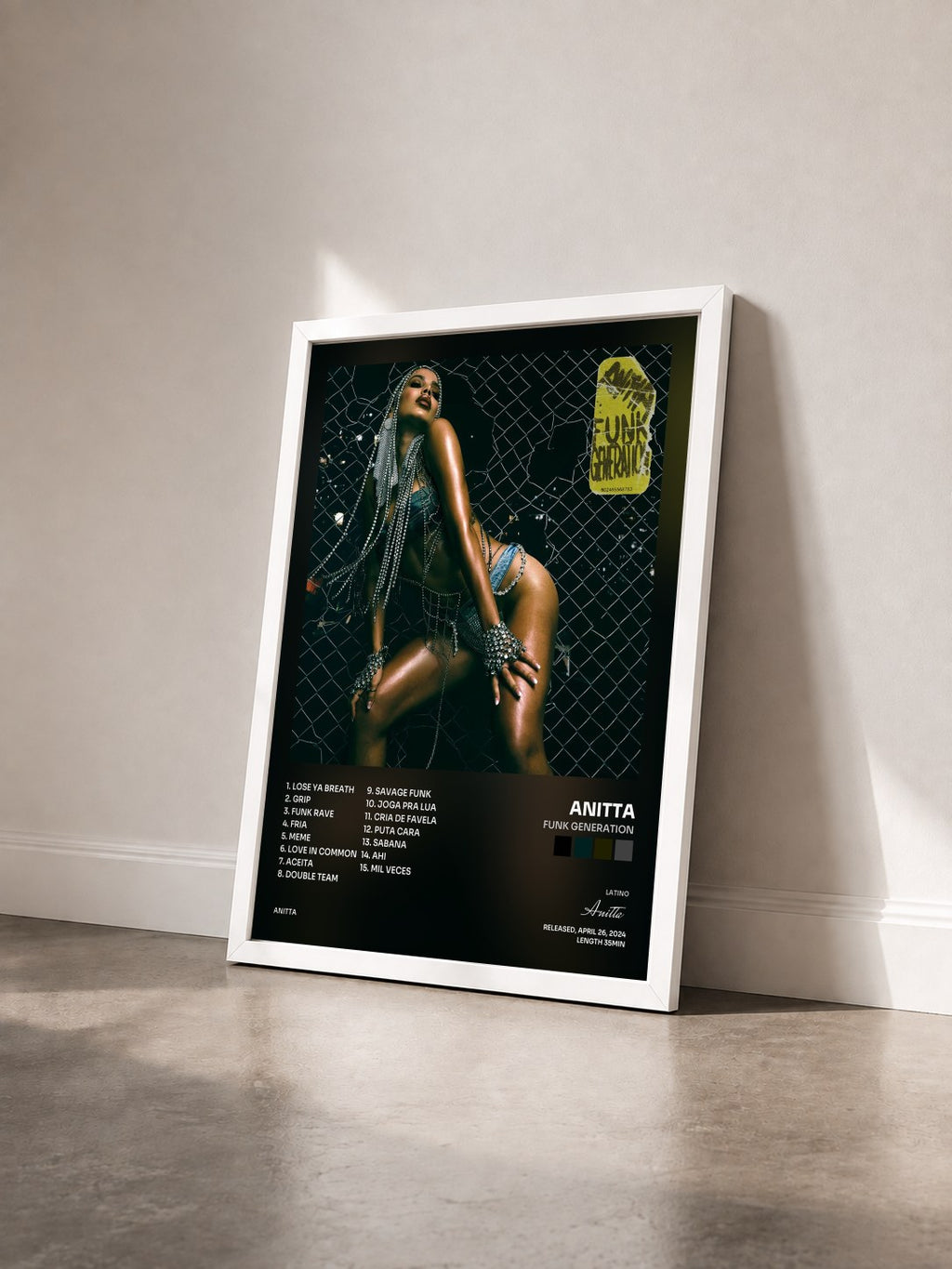 #blanc Tableau de l'album Funk Generation de Anitta vu de trois quarts, cadre blanc