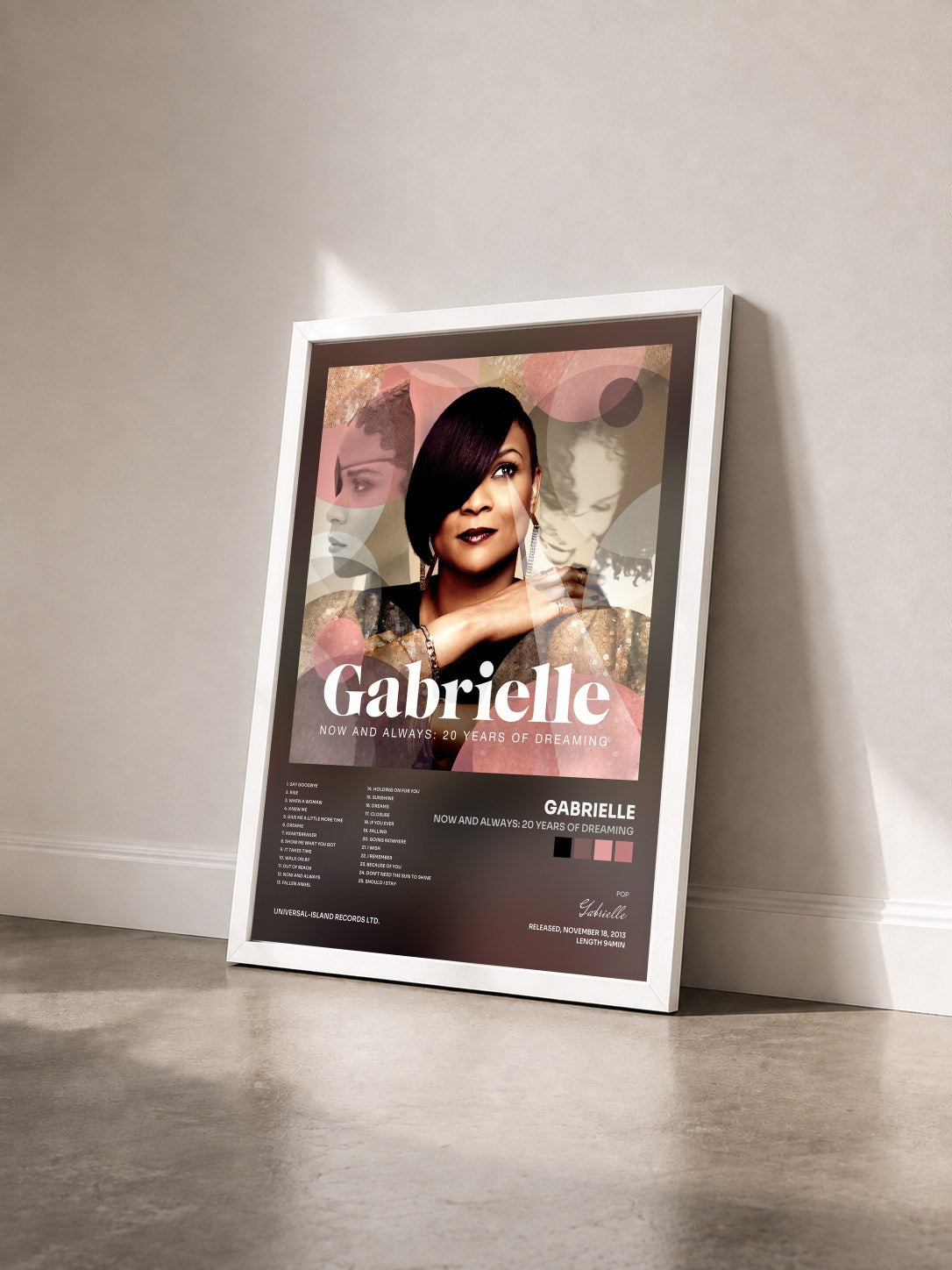 #blanc Tableau de l'album Now And Always: 20 Years Of Dreaming de Gabrielle vu de trois quarts, cadre blanc