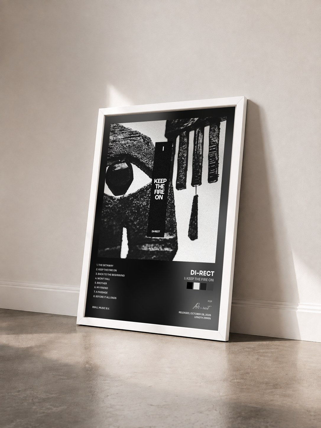 #blanc Tableau de l'album I: Keep The Fire On de Di-rect vu de trois quarts, cadre blanc