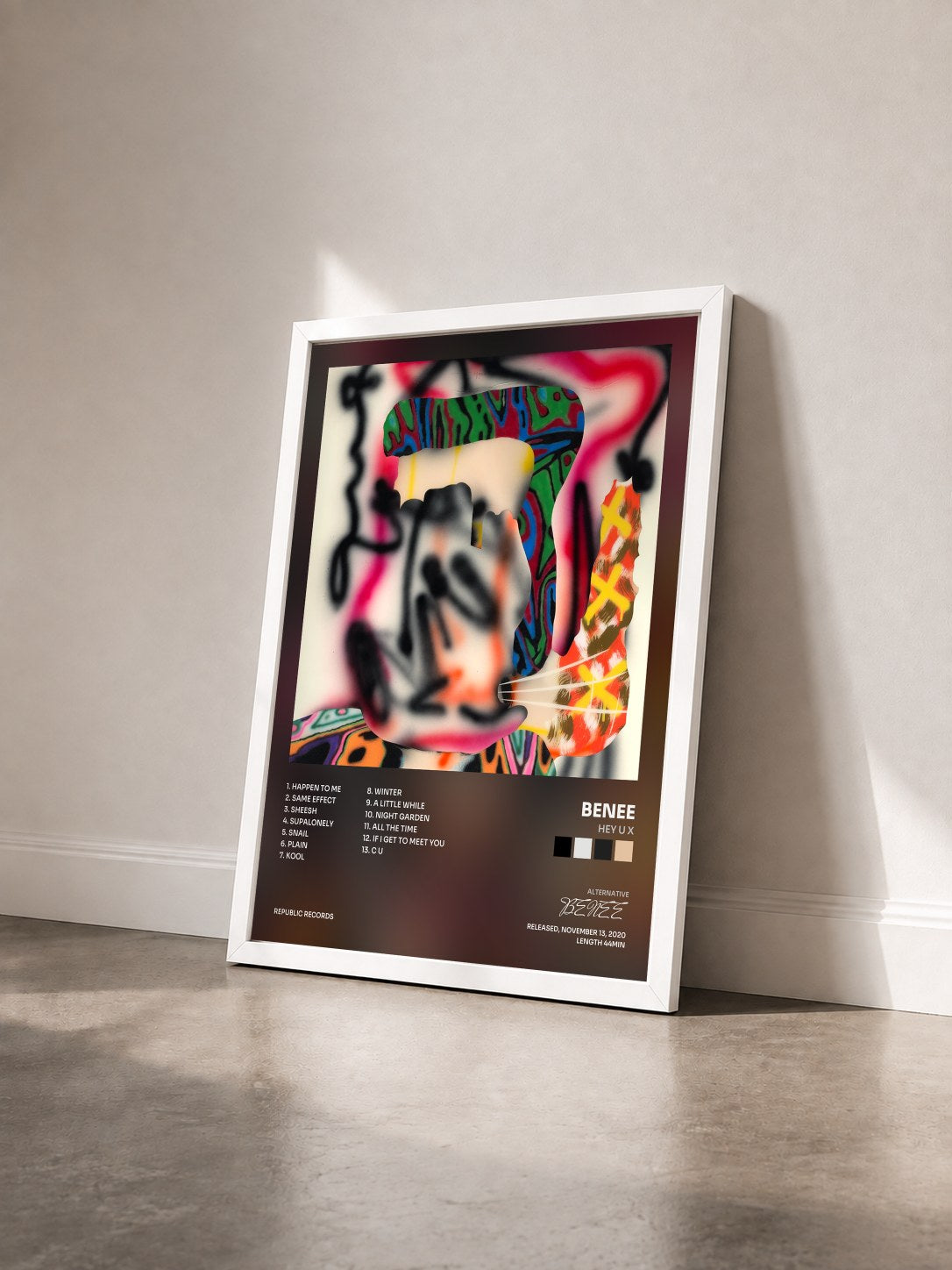 #blanc Tableau de l'album Hey u x de BENEE vu de trois quarts, cadre blanc