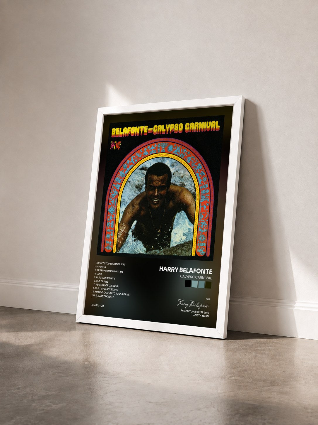 #blanc Tableau de l'album Calypso Carnival de Harry Belafonte vu de trois quarts, cadre blanc