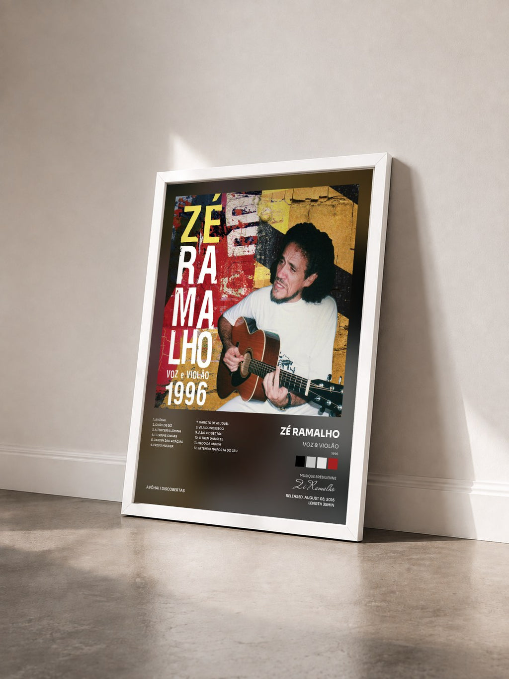 #blanc Tableau de l'album Voz & Violão (1996) de Zé Ramalho vu de trois quarts, cadre blanc