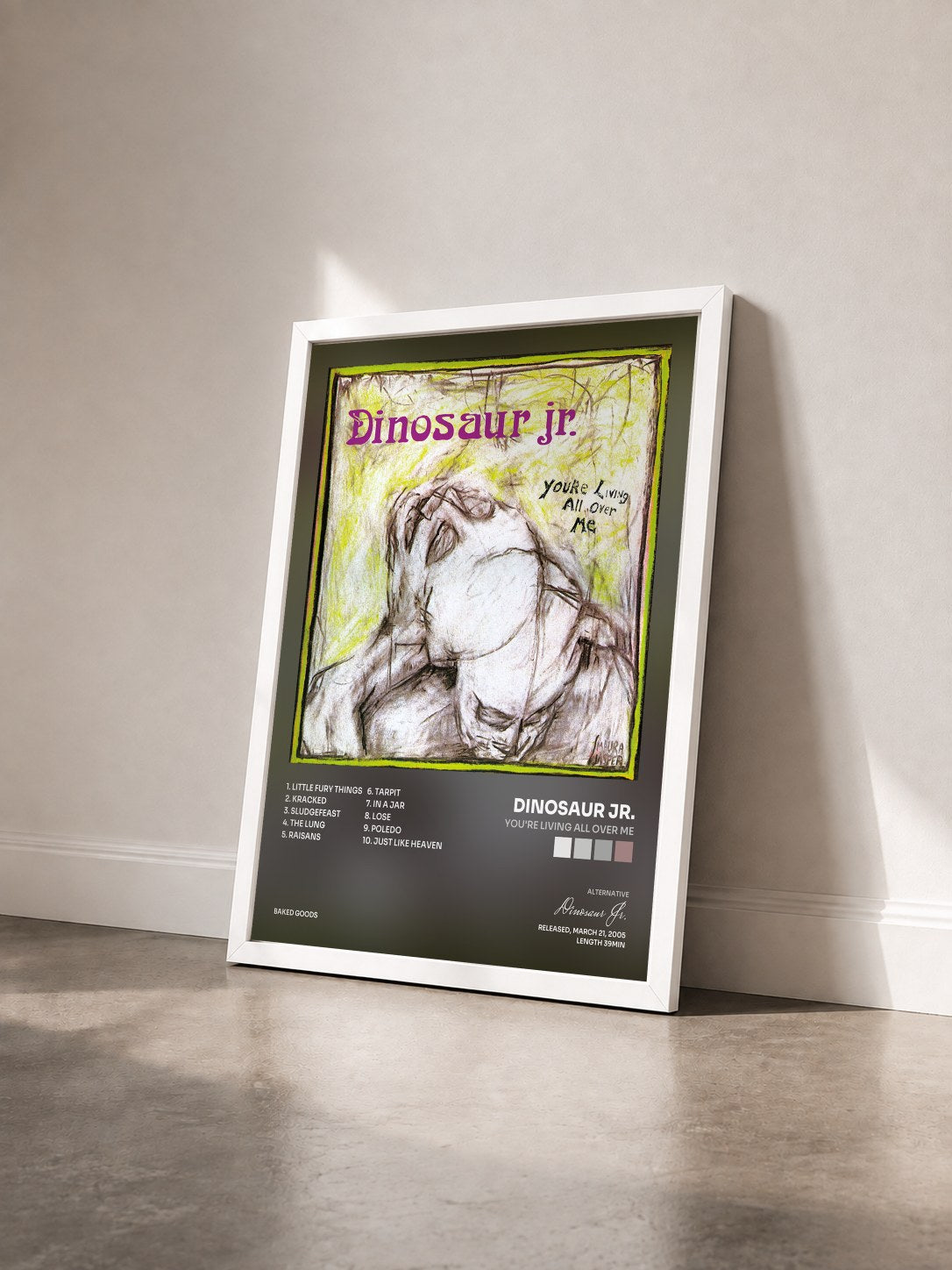 #blanc Tableau de l'album You're Living All Over Me de Dinosaur Jr. vu de trois quarts, cadre blanc