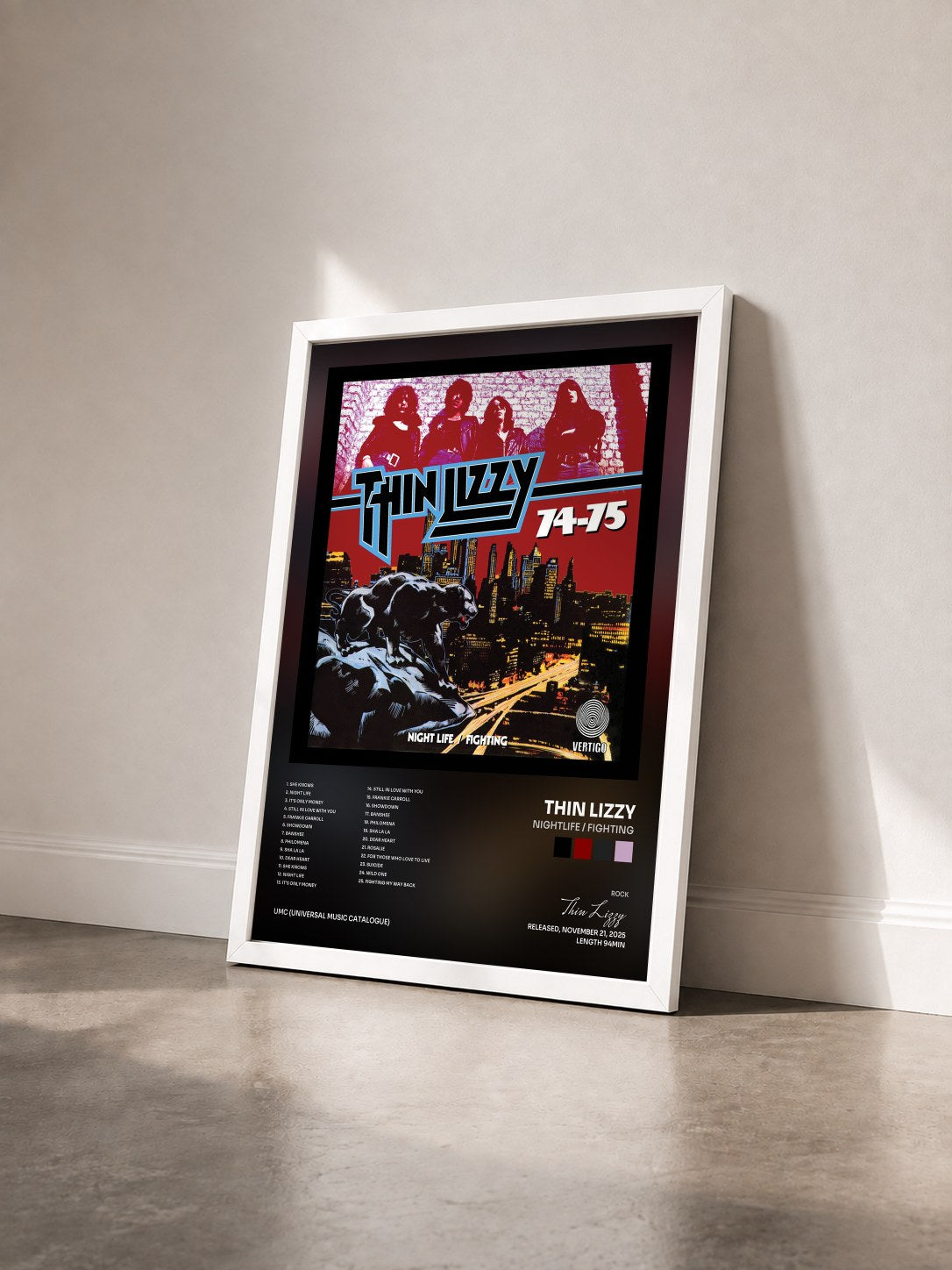 #blanc Tableau de l'album Nightlife / Fighting de Thin Lizzy vu de trois quarts, cadre blanc
