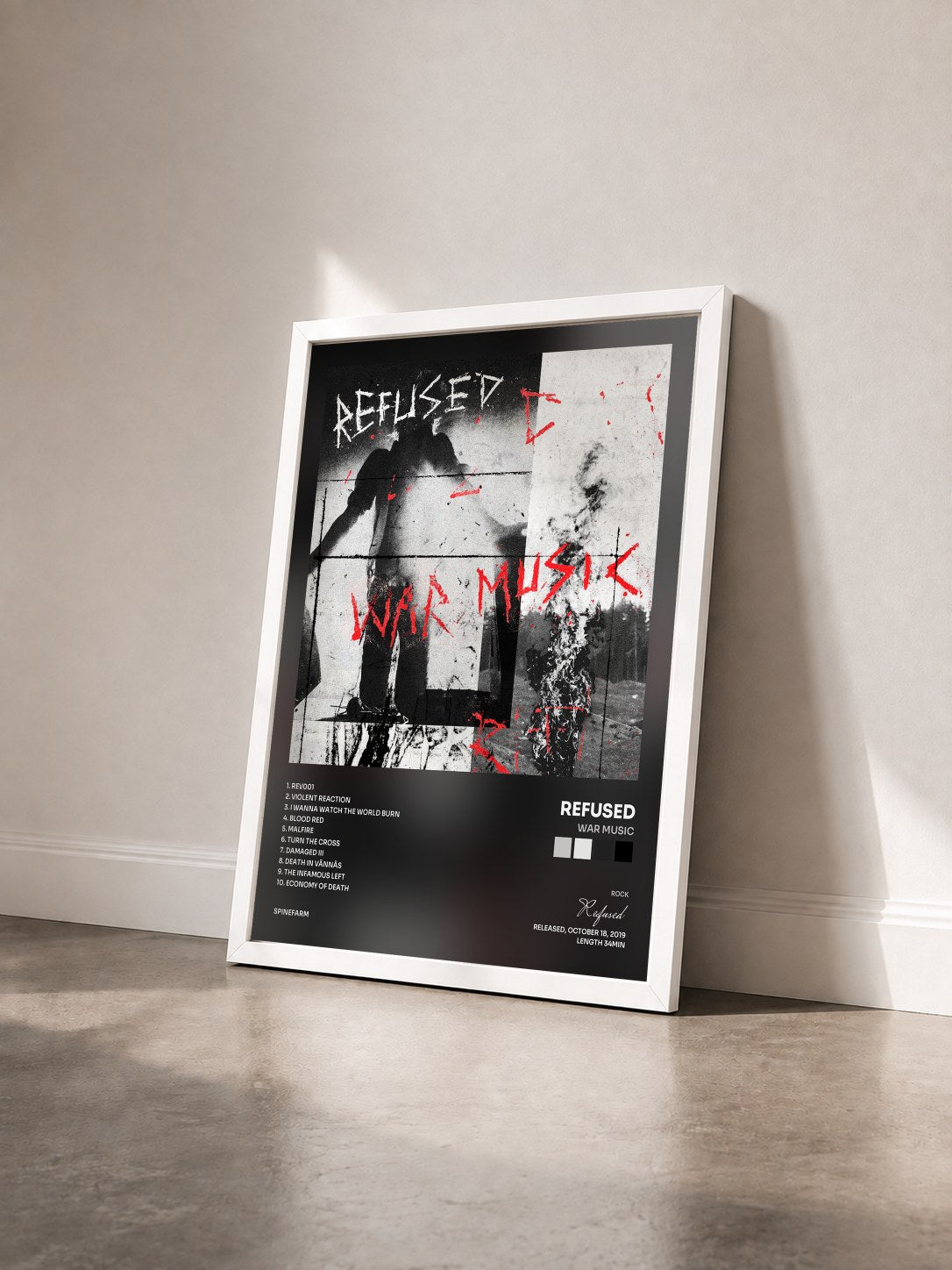 #blanc Tableau de l'album War Music de Refused vu de trois quarts, cadre blanc