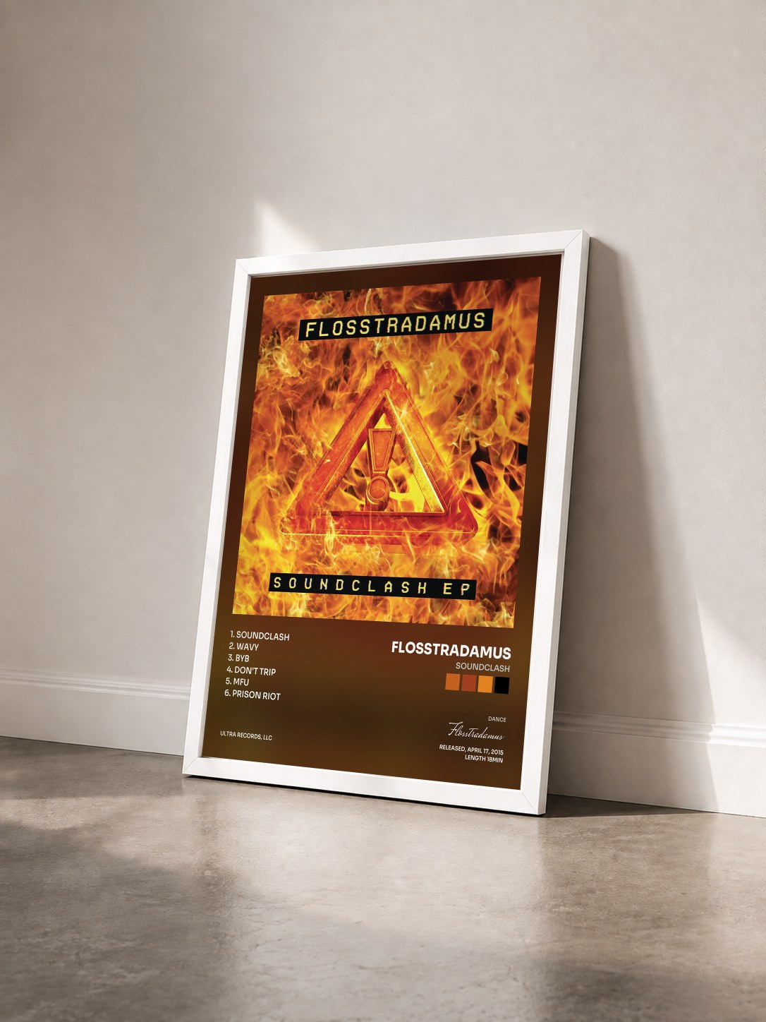 #blanc Tableau de l'album Soundclash de Flosstradamus vu de trois quarts, cadre blanc