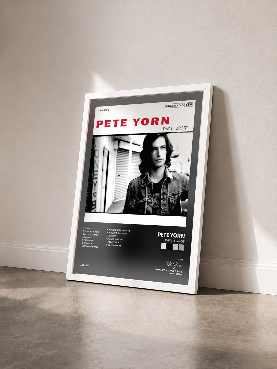 #blanc Tableau de l'album Day I Forgot de Pete Yorn vu de trois quarts, cadre blanc