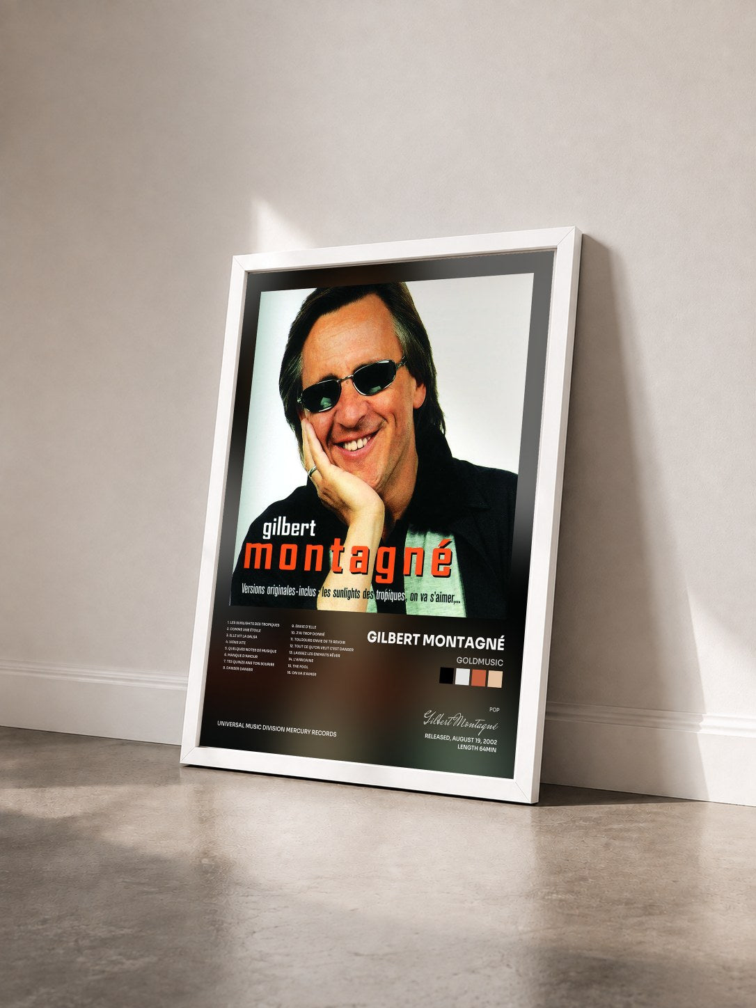 #blanc Tableau de l'album Goldmusic de Gilbert Montagné vu de trois quarts, cadre blanc