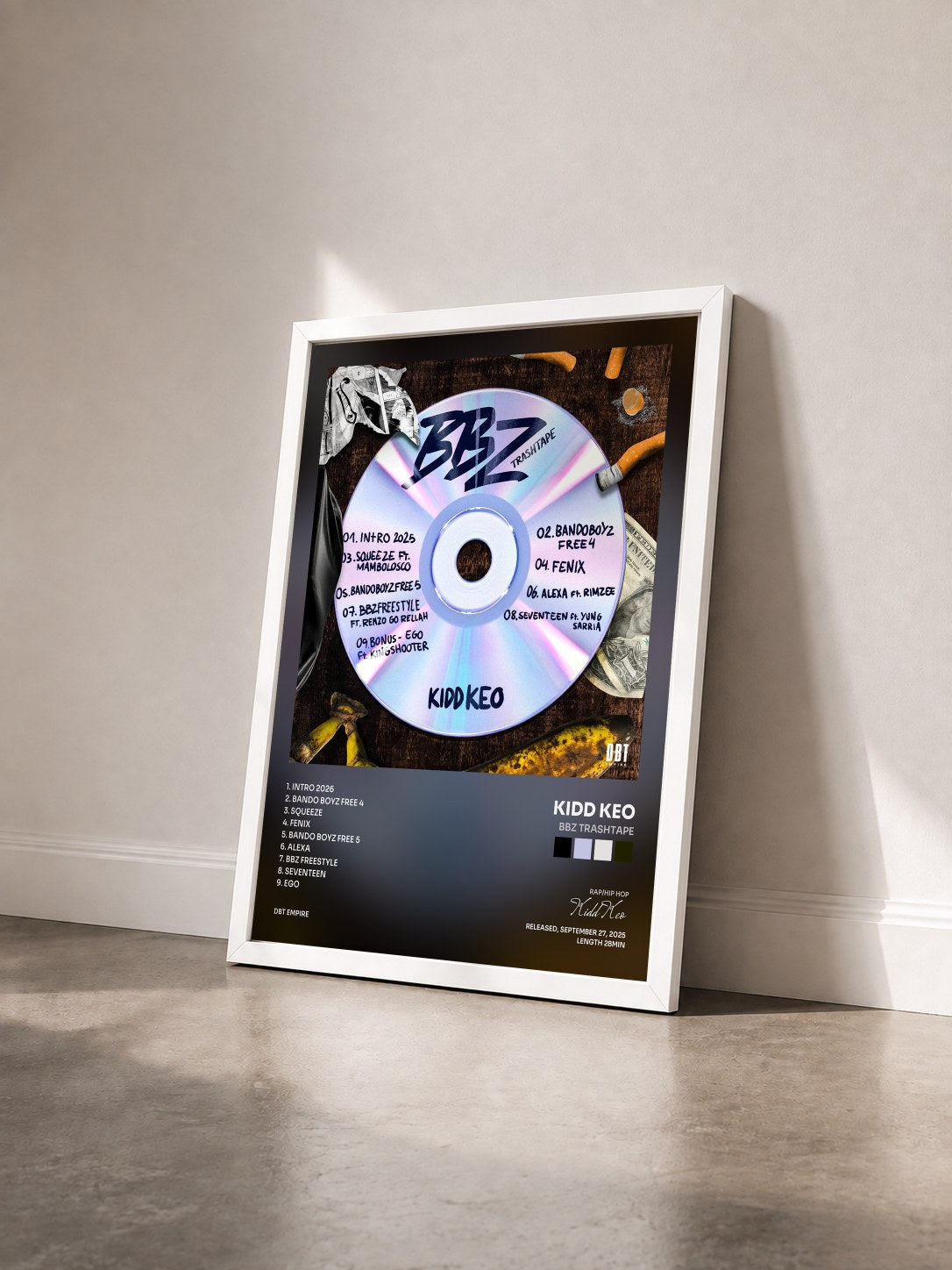 #blanc Tableau de l'album BBZ TRASHTAPE de Kidd Keo vu de trois quarts, cadre blanc