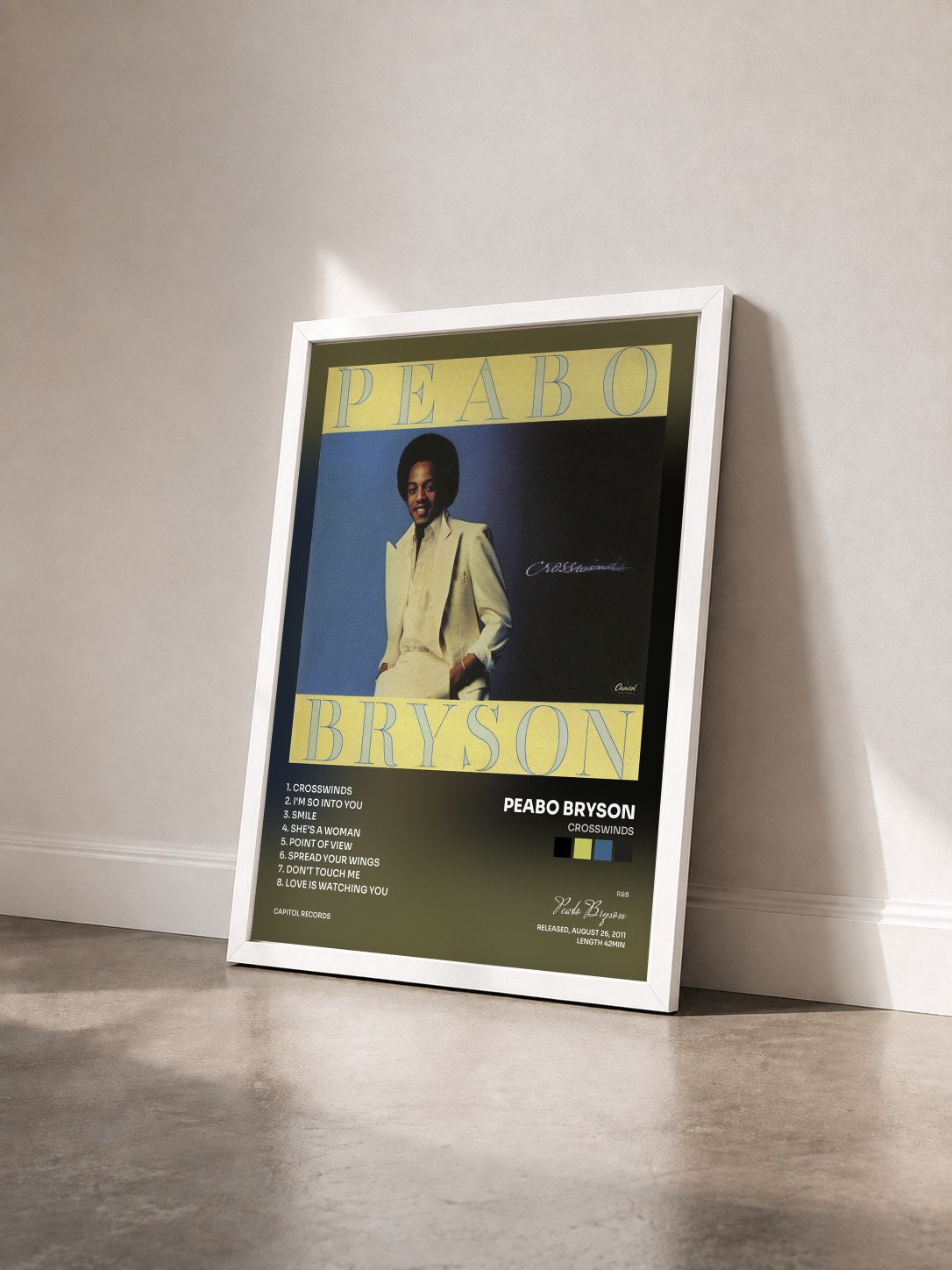 #blanc Tableau de l'album Crosswinds de Peabo Bryson vu de trois quarts, cadre blanc