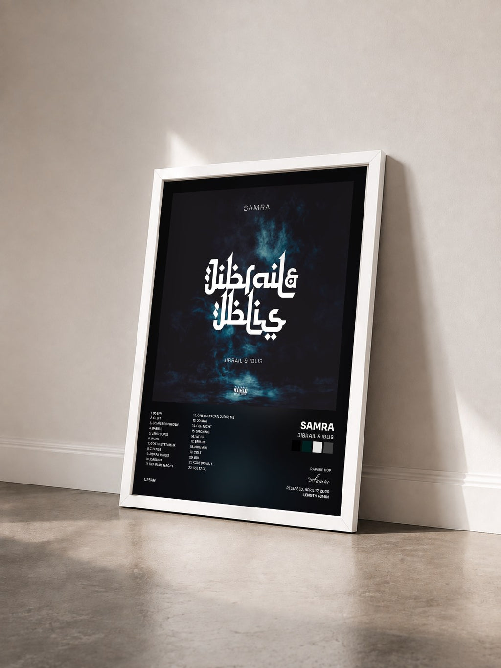 #blanc Jibrail & Iblis by Samra as a framed art print seen at an angle, white frame