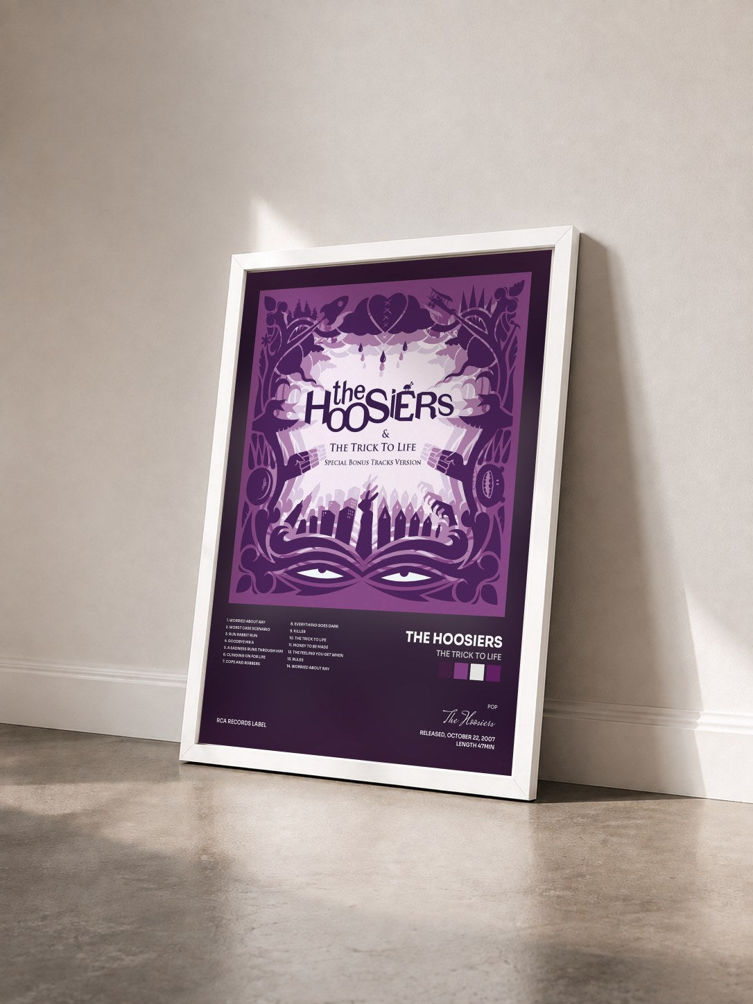 #blanc Tableau de l'album The Trick To Life de The Hoosiers vu de trois quarts, cadre blanc