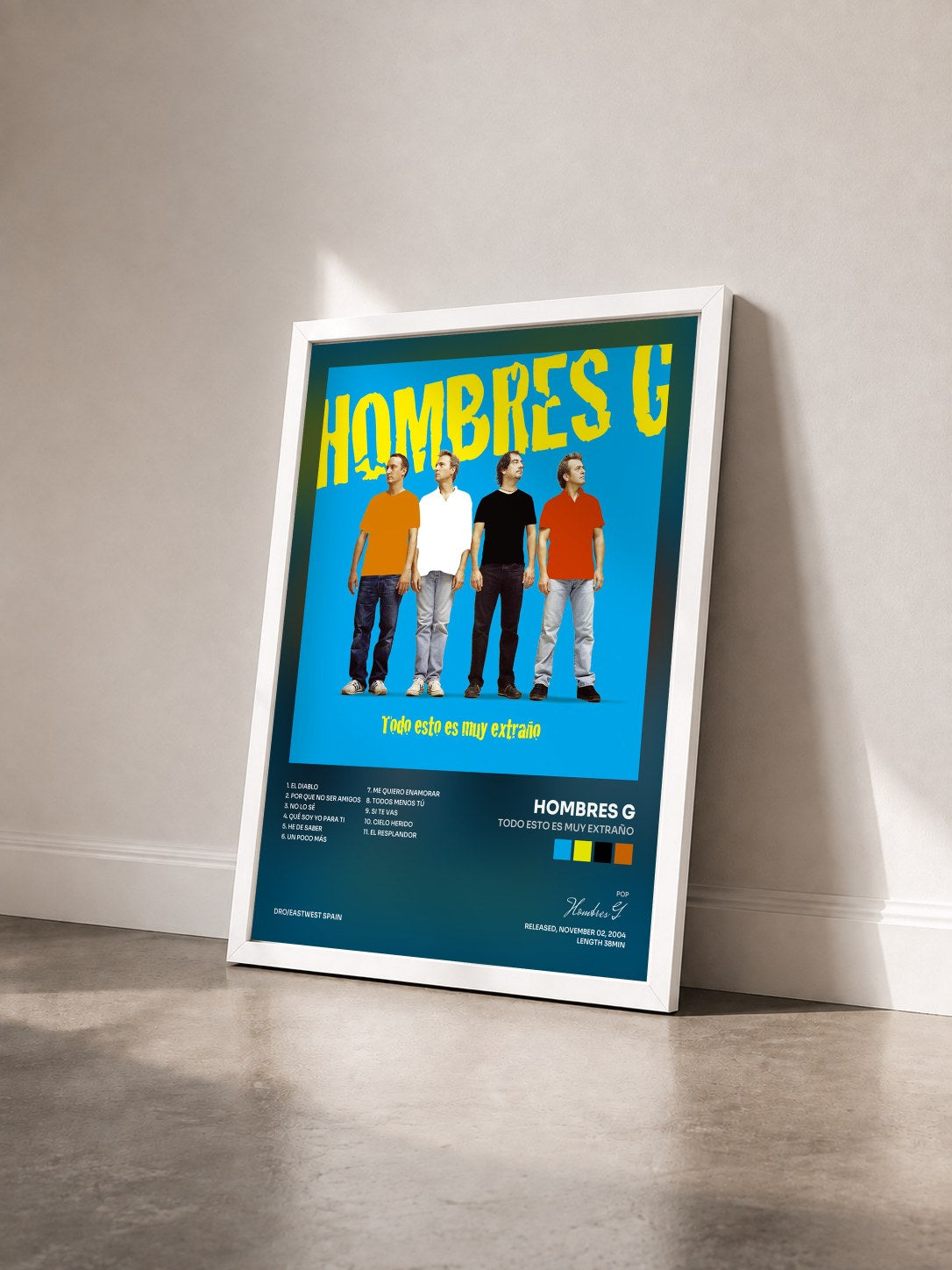 #blanc Tableau de l'album Todo esto es muy extraño de Hombres G vu de trois quarts, cadre blanc
