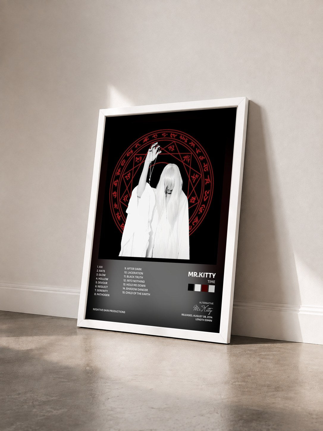 #blanc Tableau de l'album Time de Mr.Kitty vu de trois quarts, cadre blanc