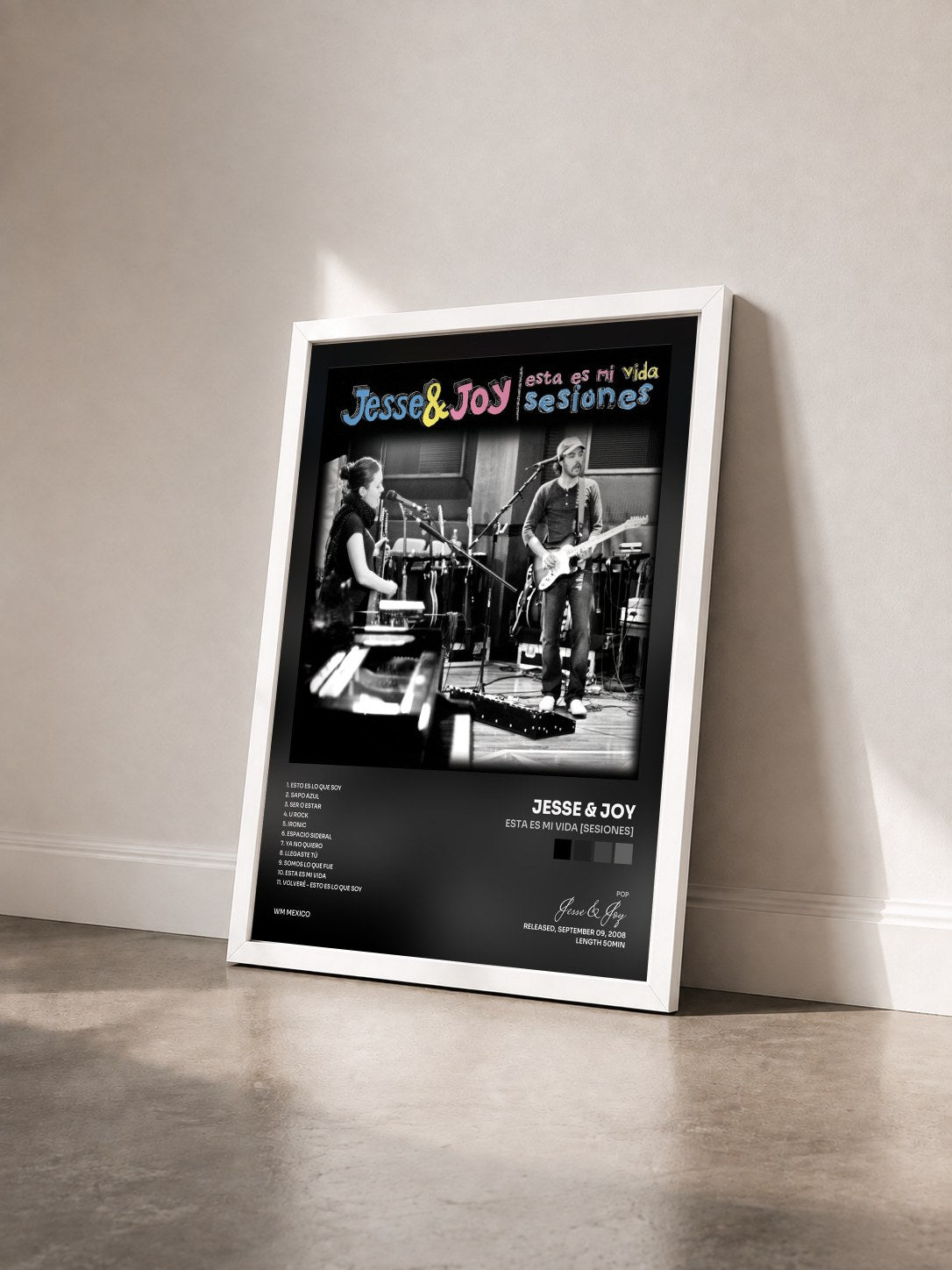 #blanc Tableau de l'album Esta Es Mi Vida [Sesiones] de Jesse & Joy vu de trois quarts, cadre blanc