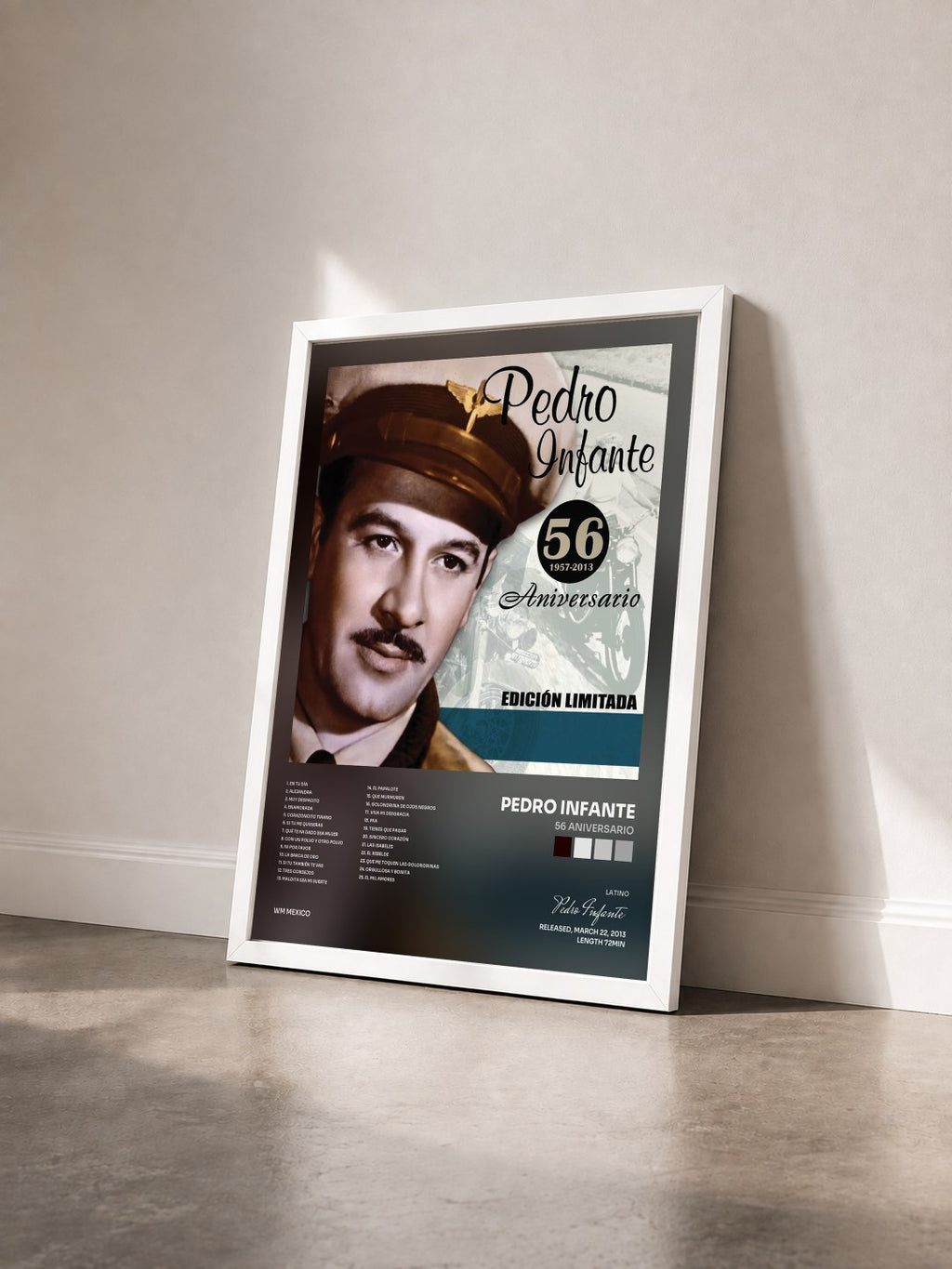 #blanc 56 Aniversario by Pedro Infante as a framed art print seen at an angle, white frame