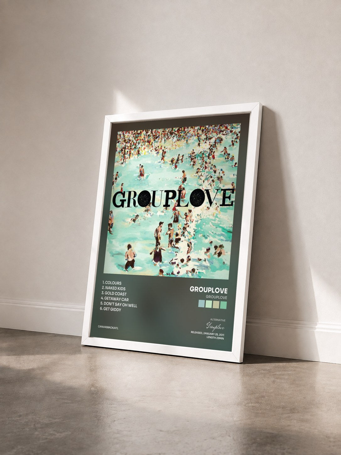 #blanc Tableau de l'album Grouplove de Grouplove vu de trois quarts, cadre blanc