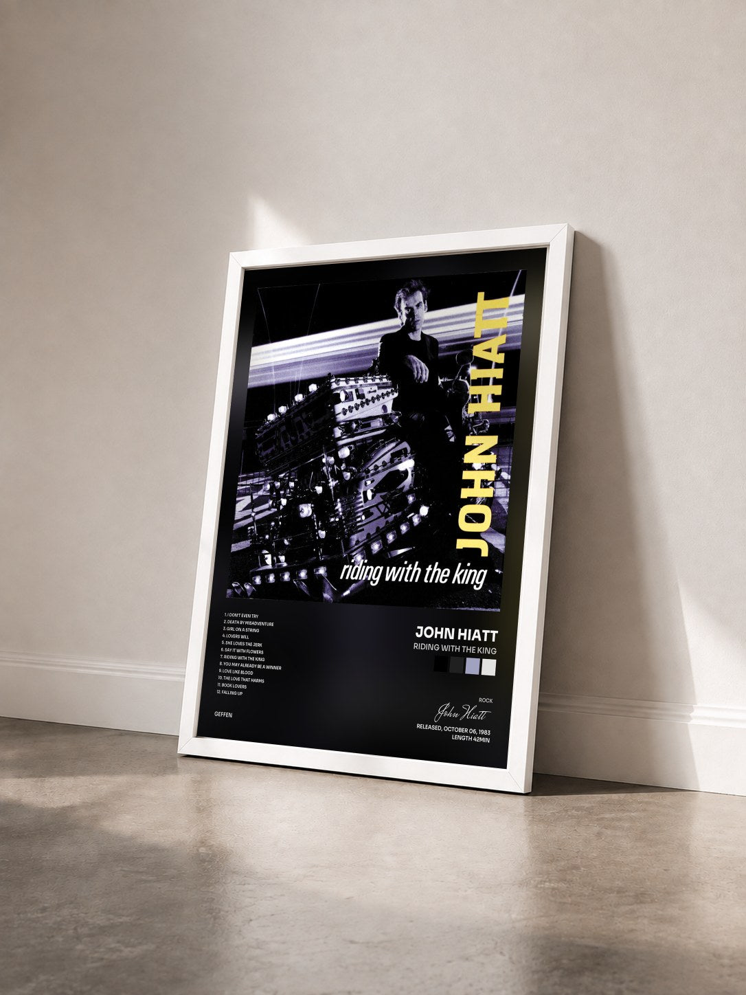 #blanc Tableau de l'album Riding With The King de John Hiatt vu de trois quarts, cadre blanc
