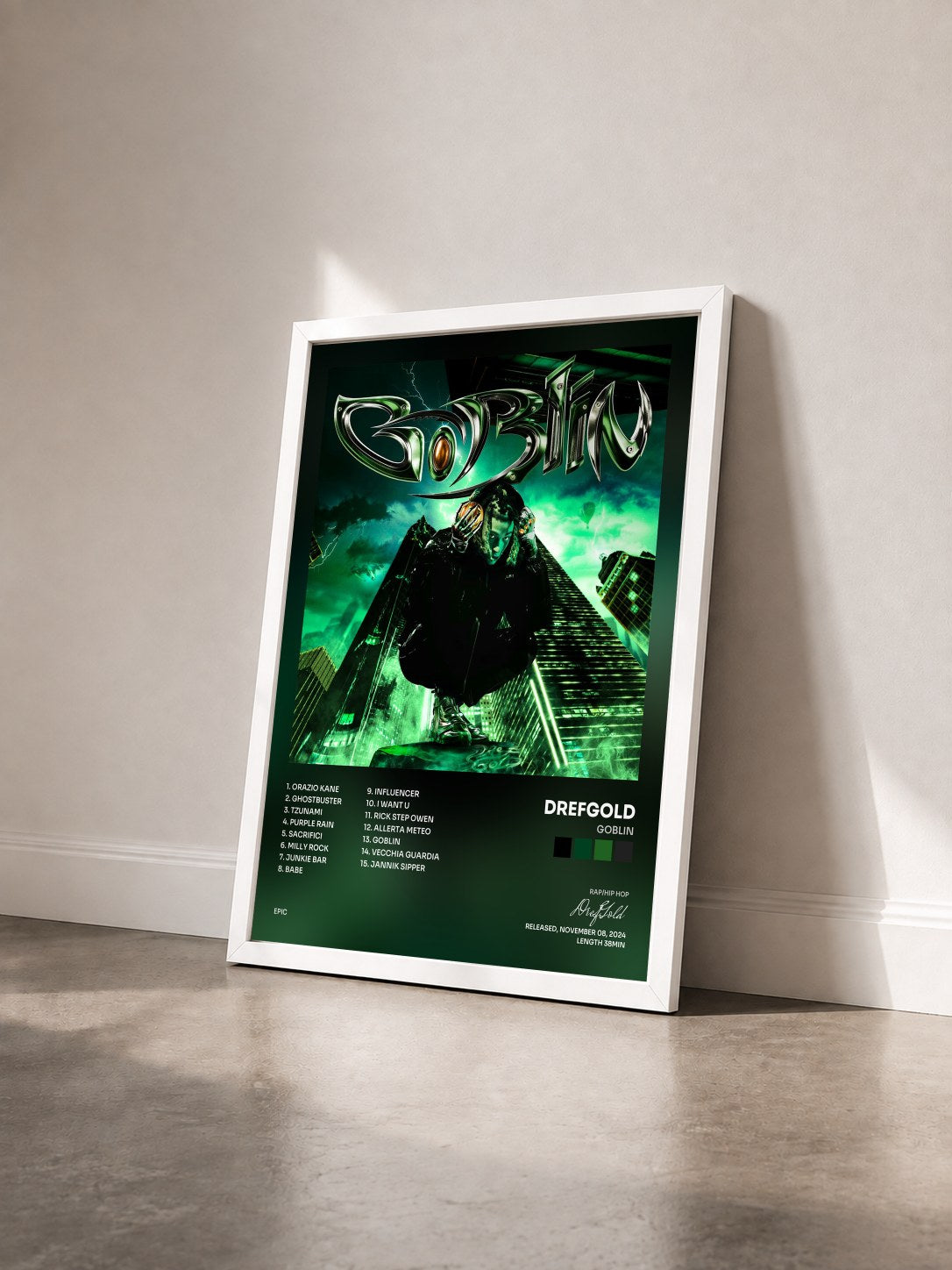 #blanc Tableau de l'album GOBLIN de DrefGold vu de trois quarts, cadre blanc